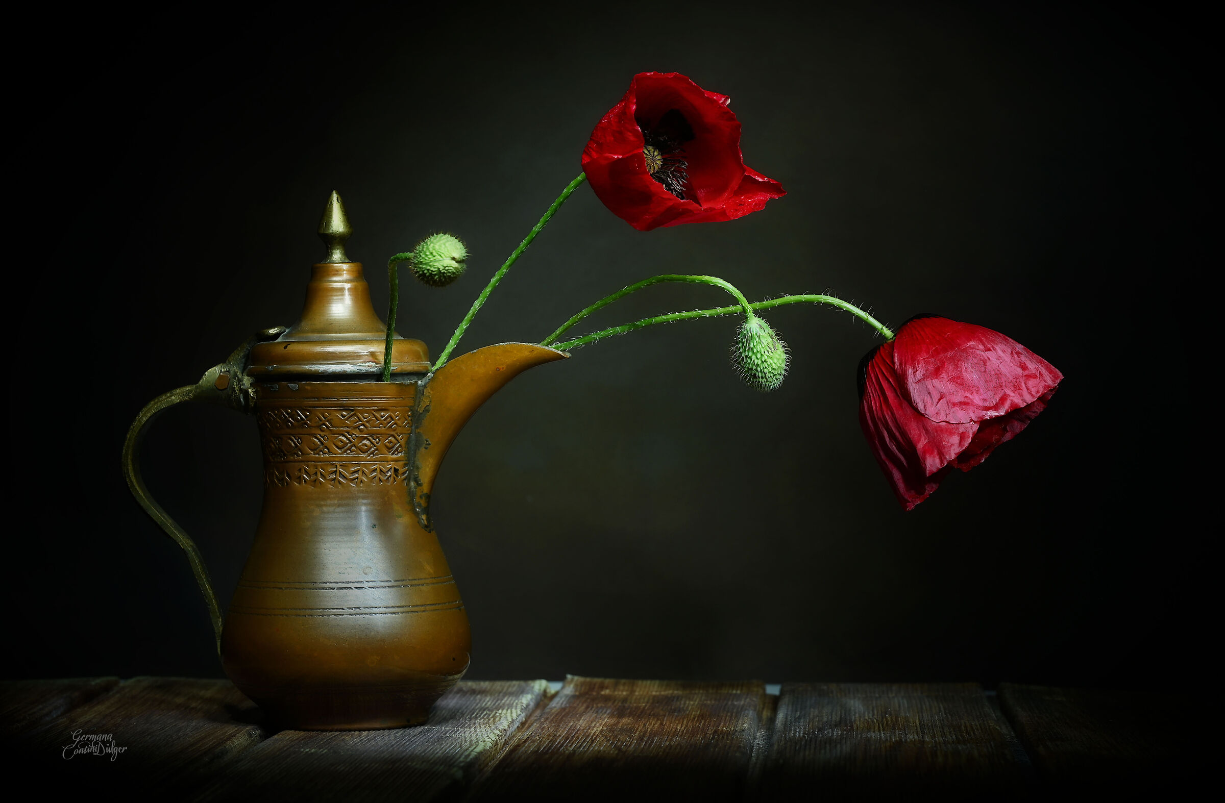 Poppies in copper jar
