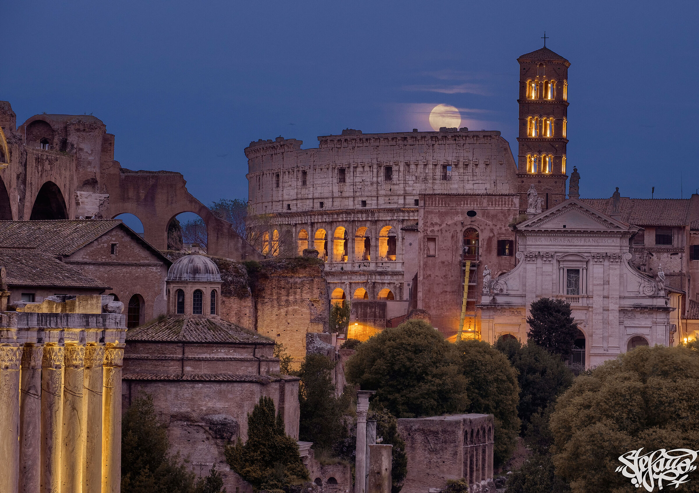 Lunar sunrise over the Colosseum and Forum