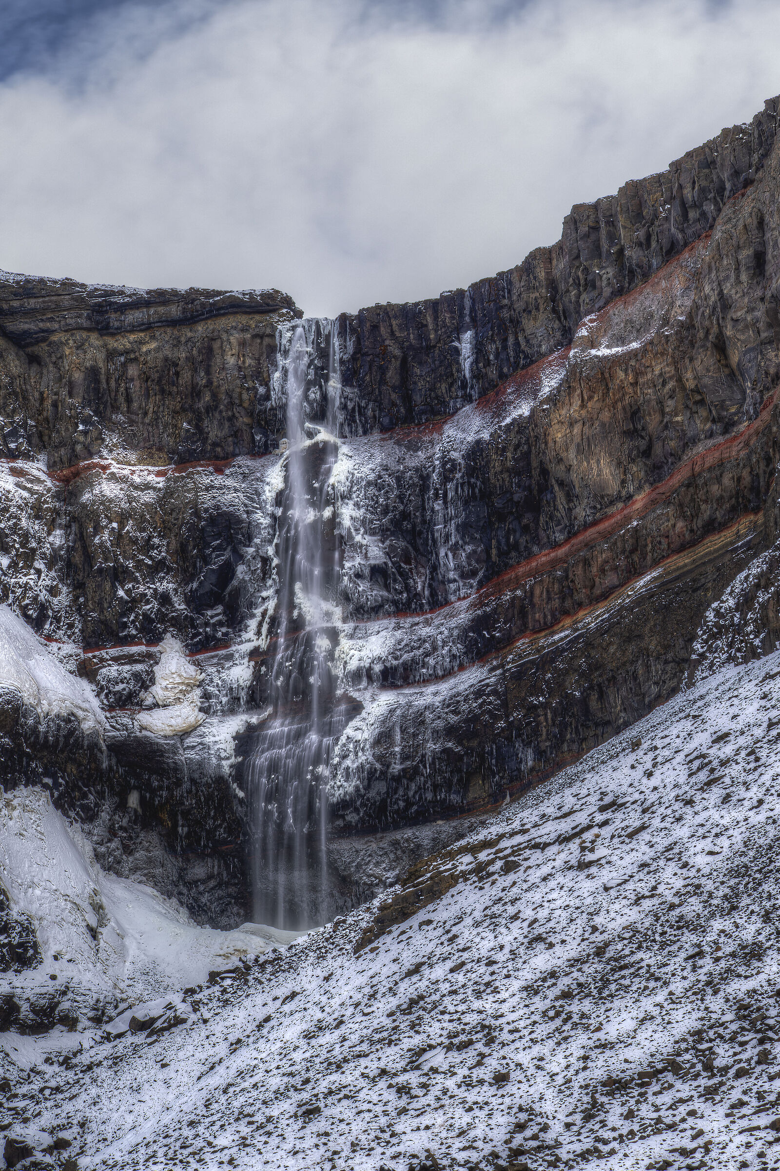 Hengifoss waterfall in winter livery