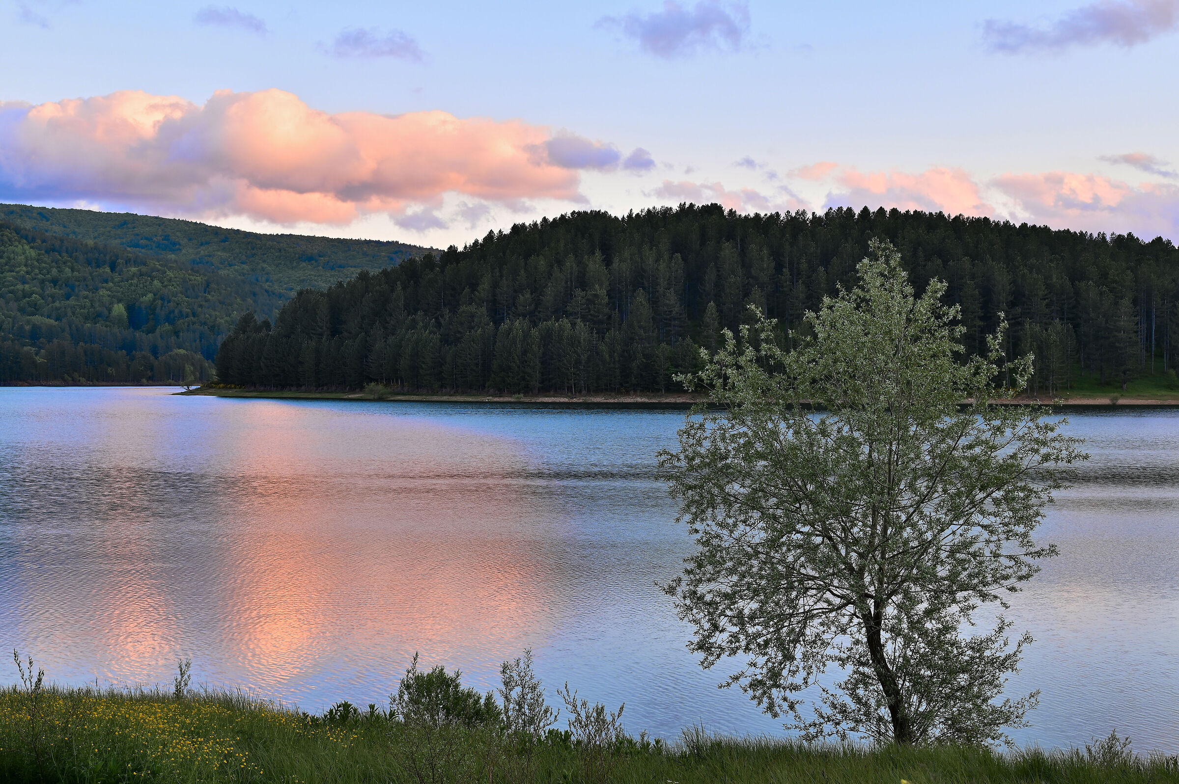 Crepuscolo serale di primavera a Lorica, sul lago Arvo