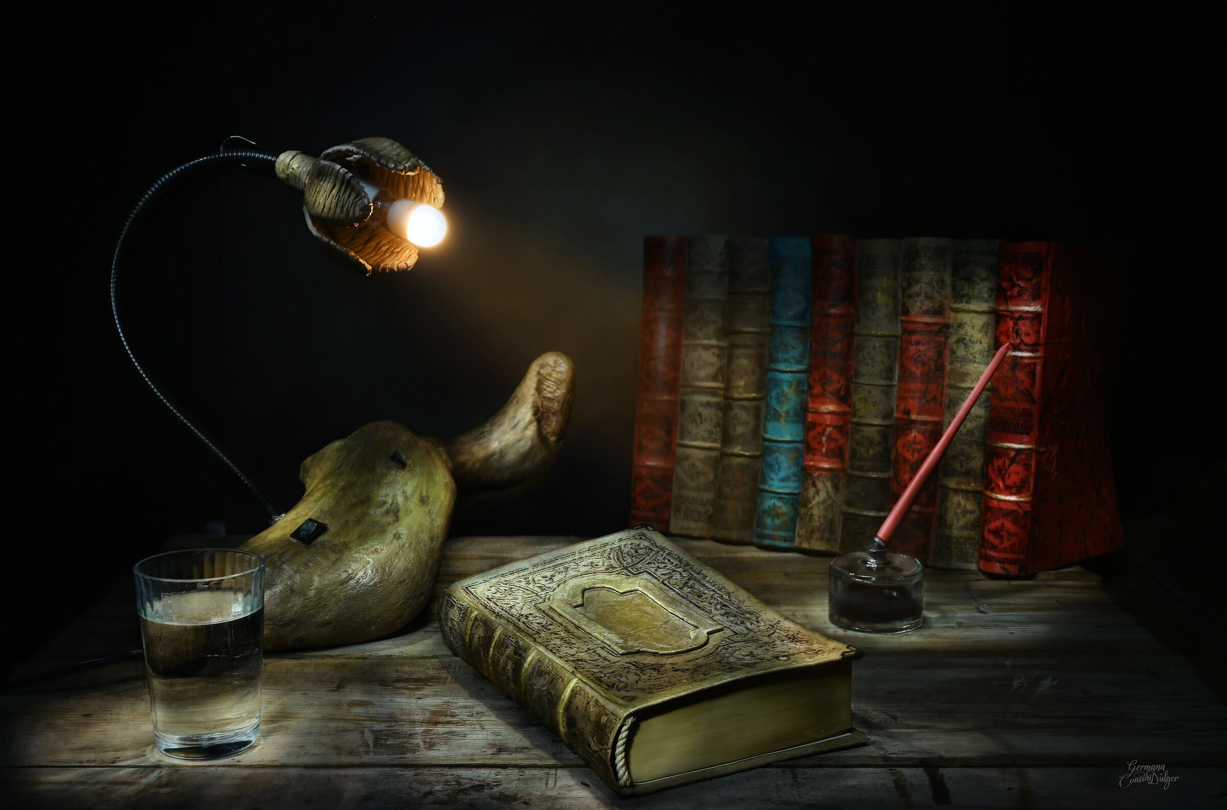 Books and lamp