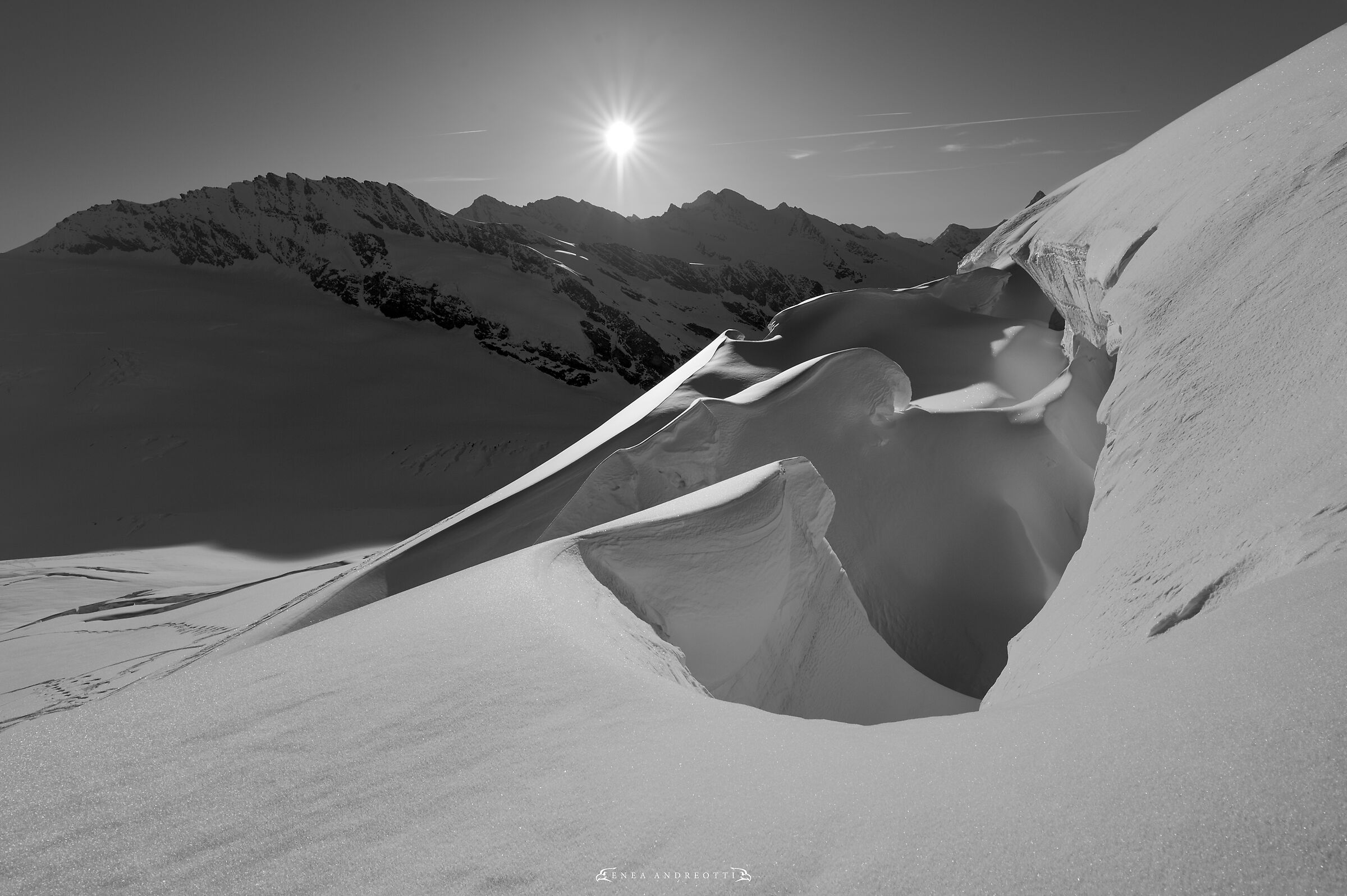 Crevasses in winter on the largest alpine glacier