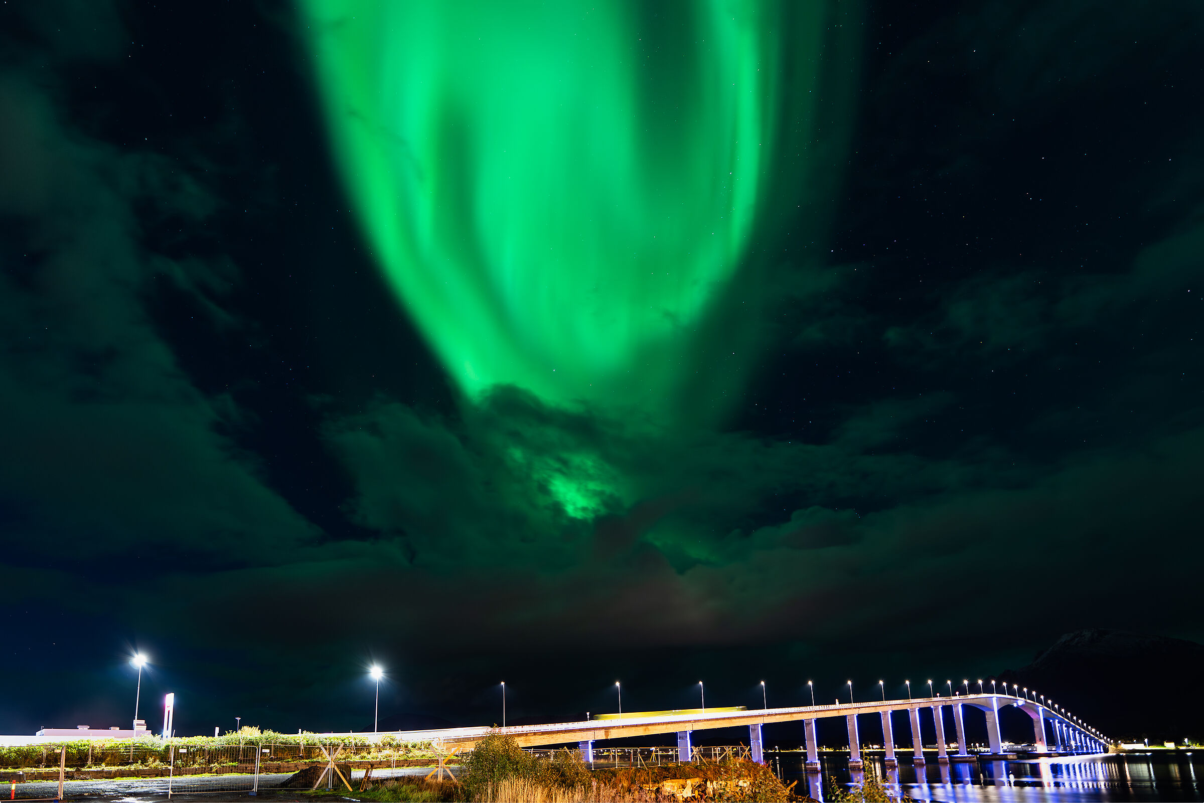 Aurira on the bridge of Sortland Langoya Norway