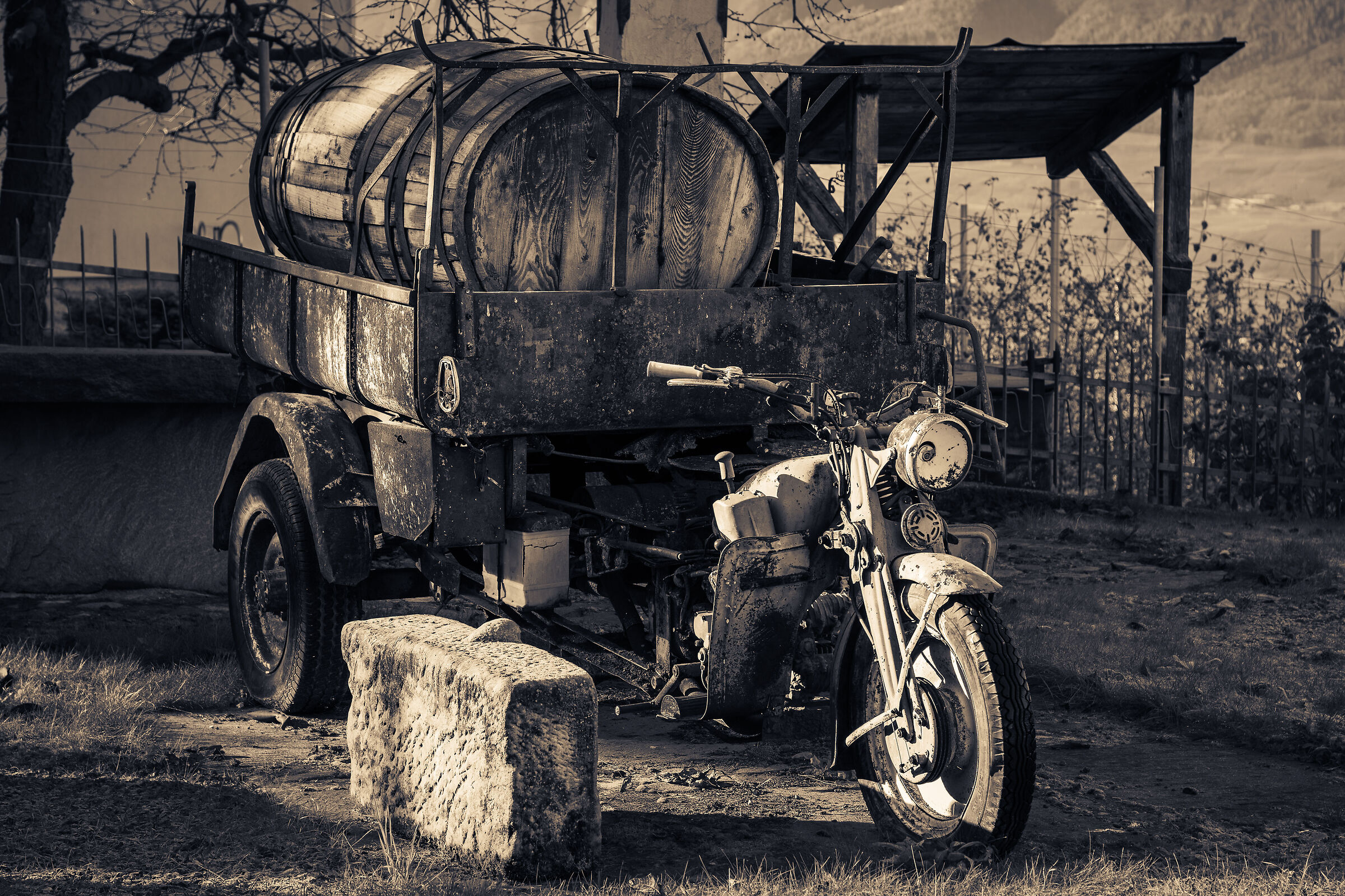 Vecchia moto adibita a trasporto vino