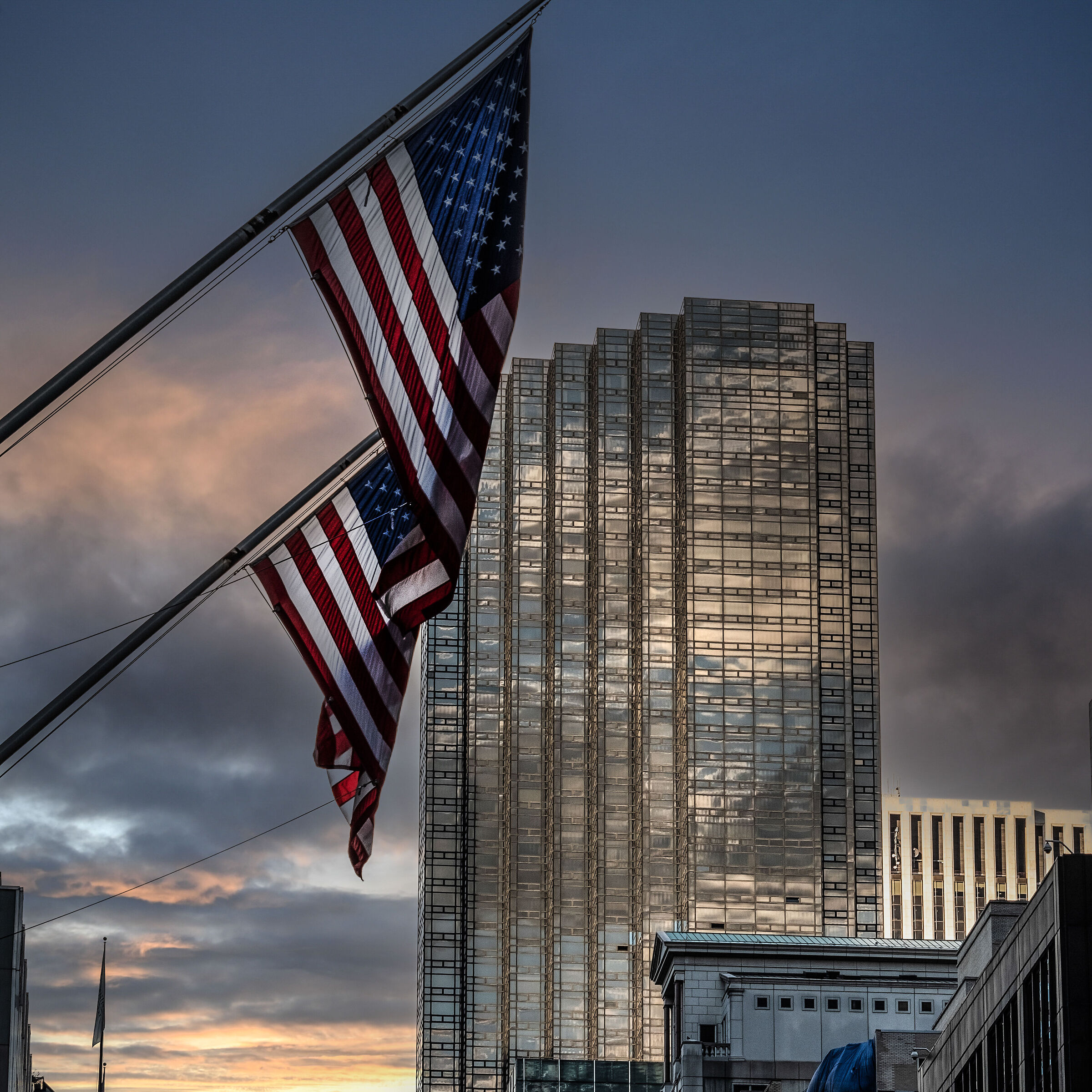 Skyscrapers and flags