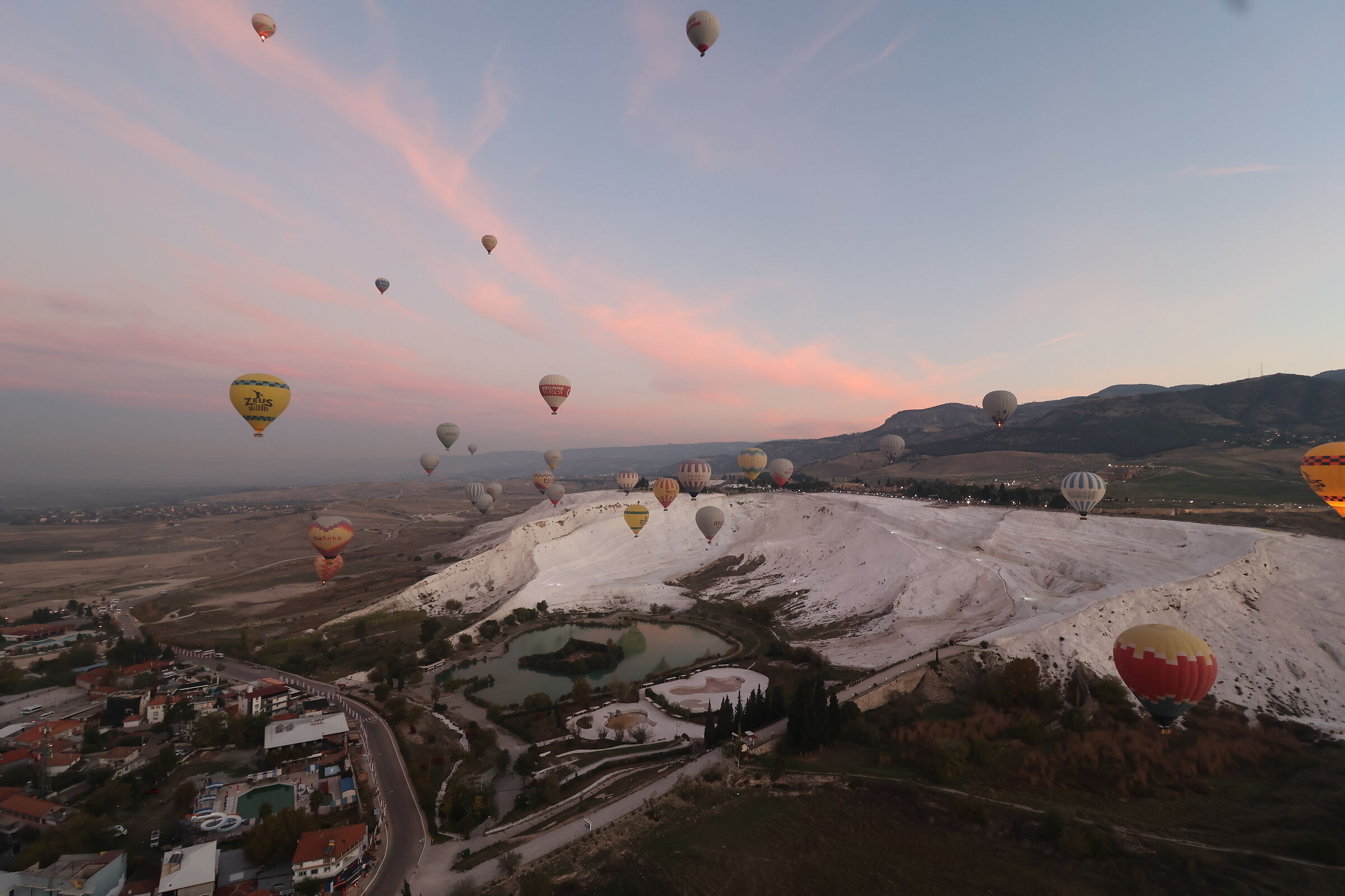 Hot air balloon flight over petrified waterfalls