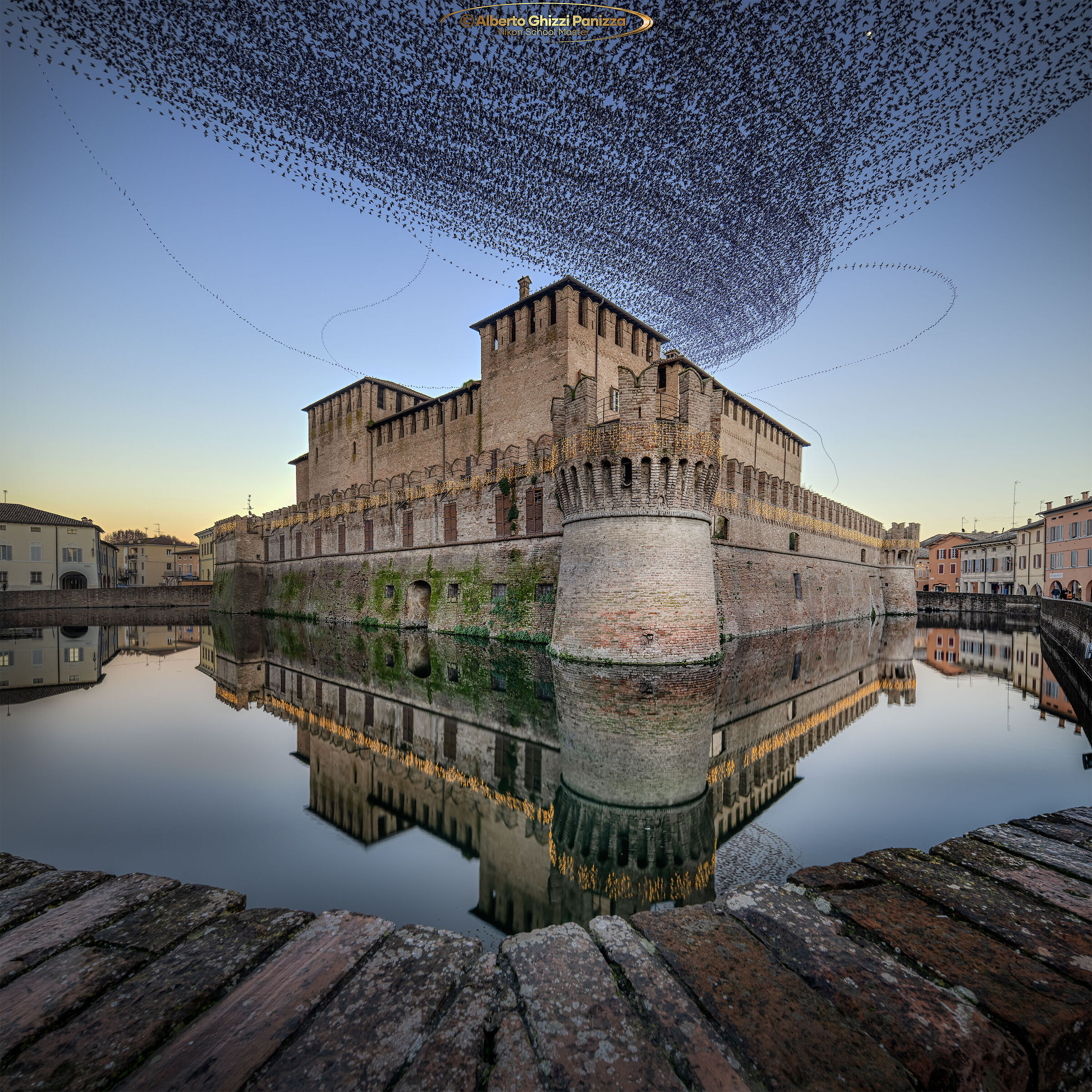 The whirlwind of pigeons on the castle
