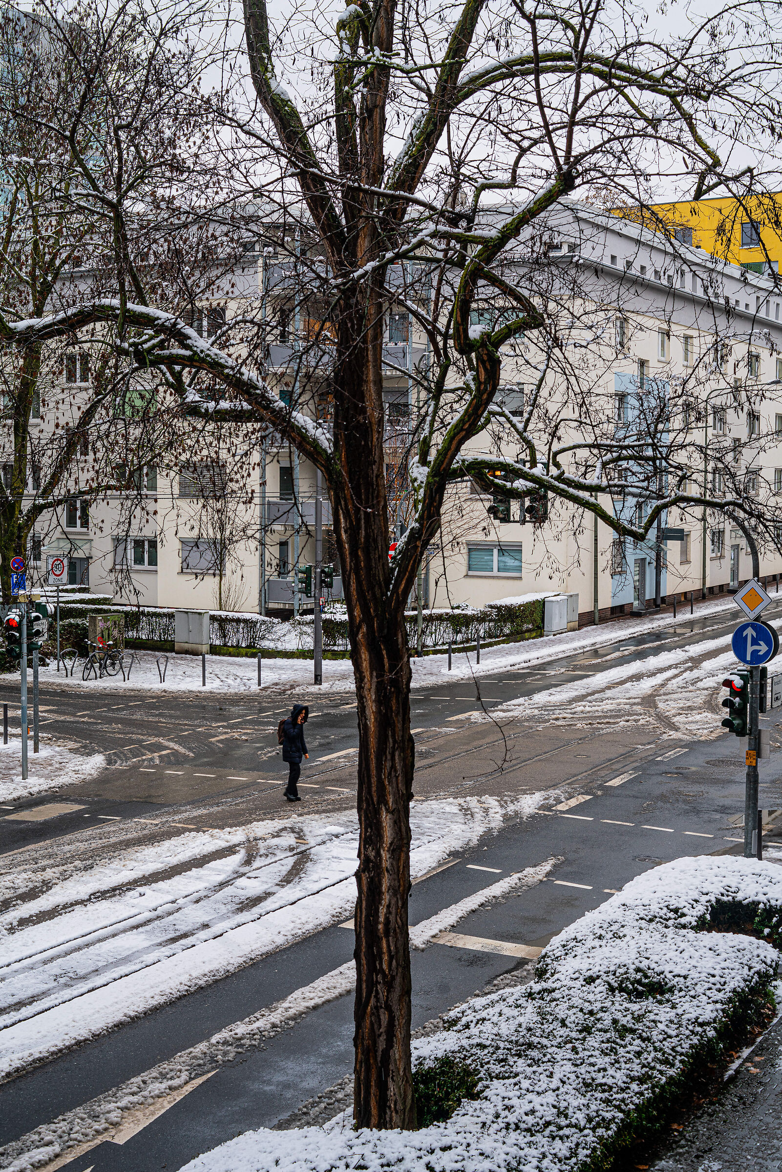 Snow at the crossroads, urban silence