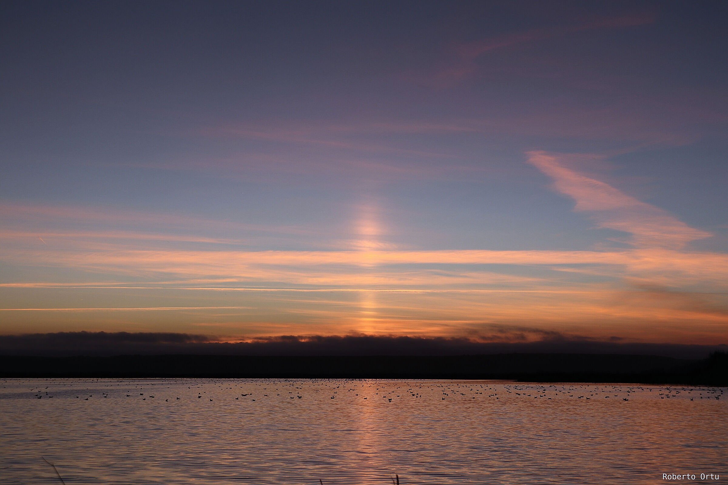 Un Sun pillar sullo stagno di Cabras