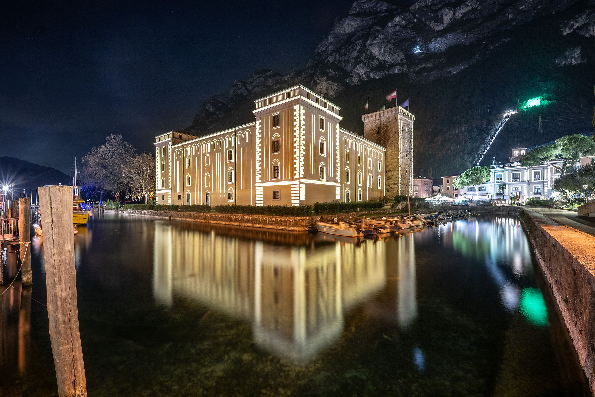 The castle is reflected