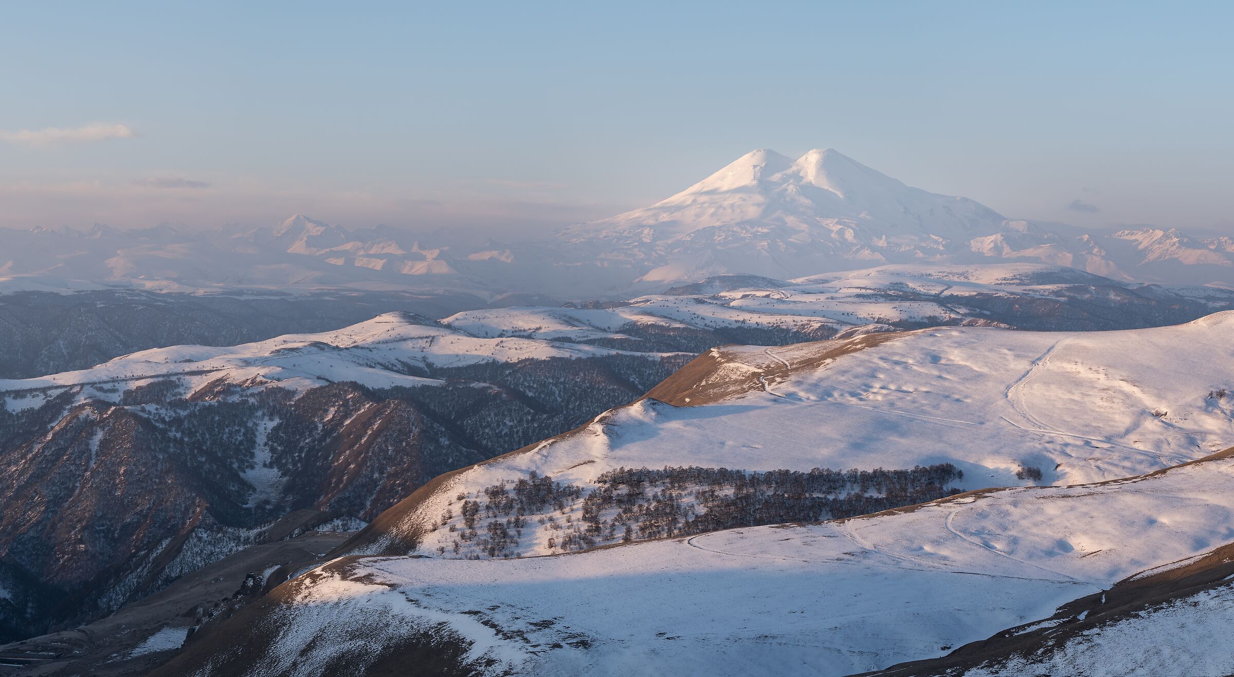 Elbrus at dawn, view from the Shadzhatmaz plateau, Cauc