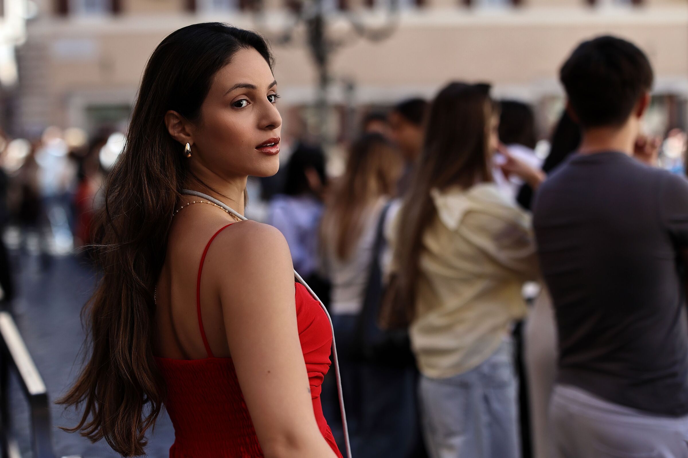 Linda in a red dress