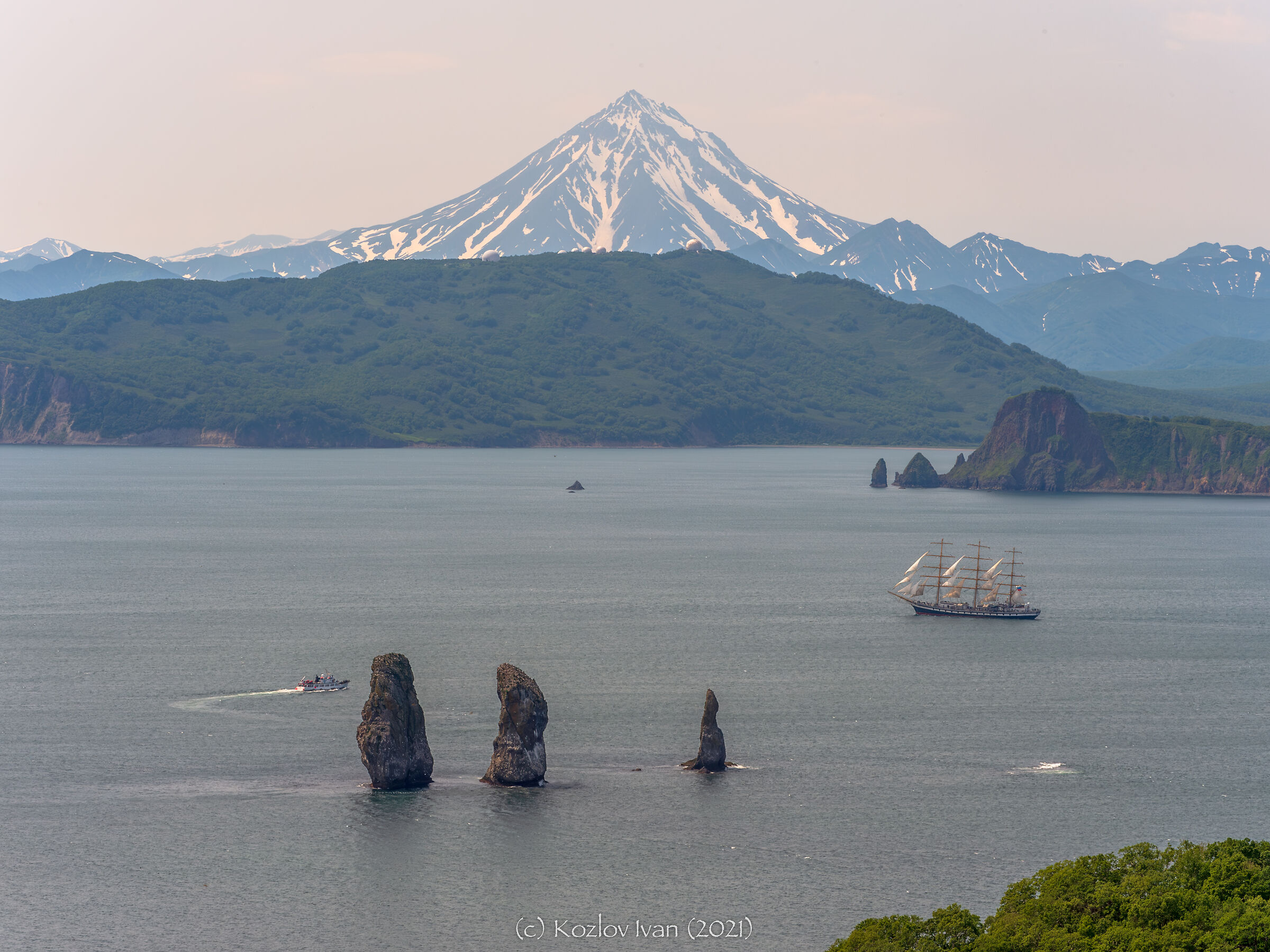 The sailing ship Pallada leaving Avacha Bay, Kamchatka