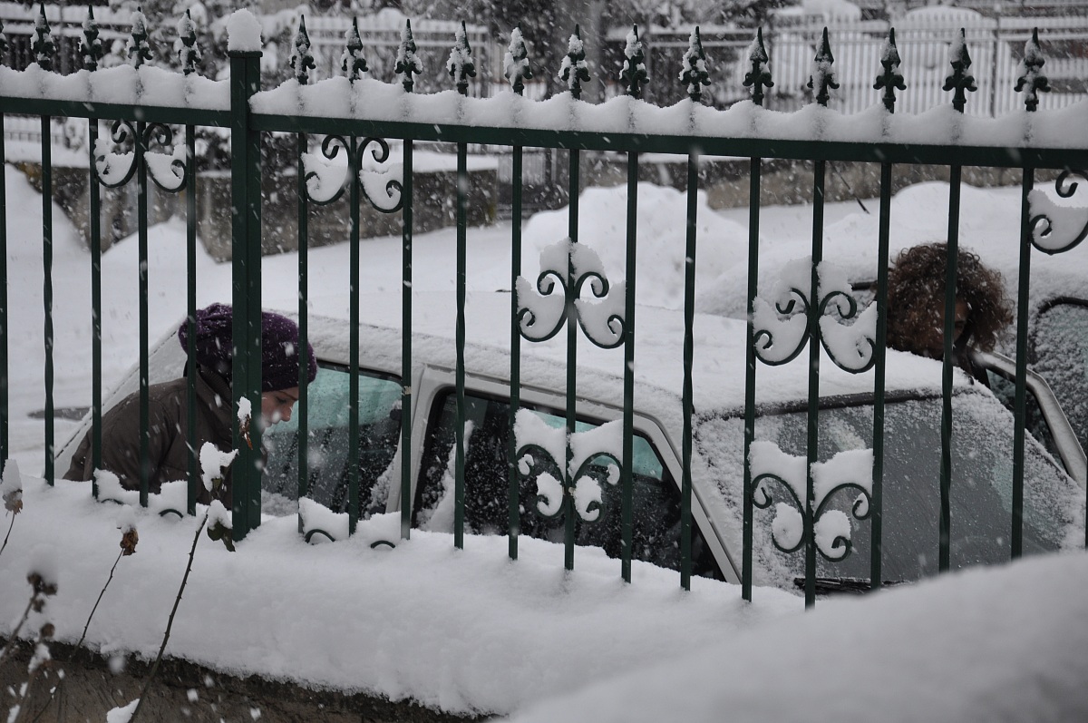 got in the car under the snow