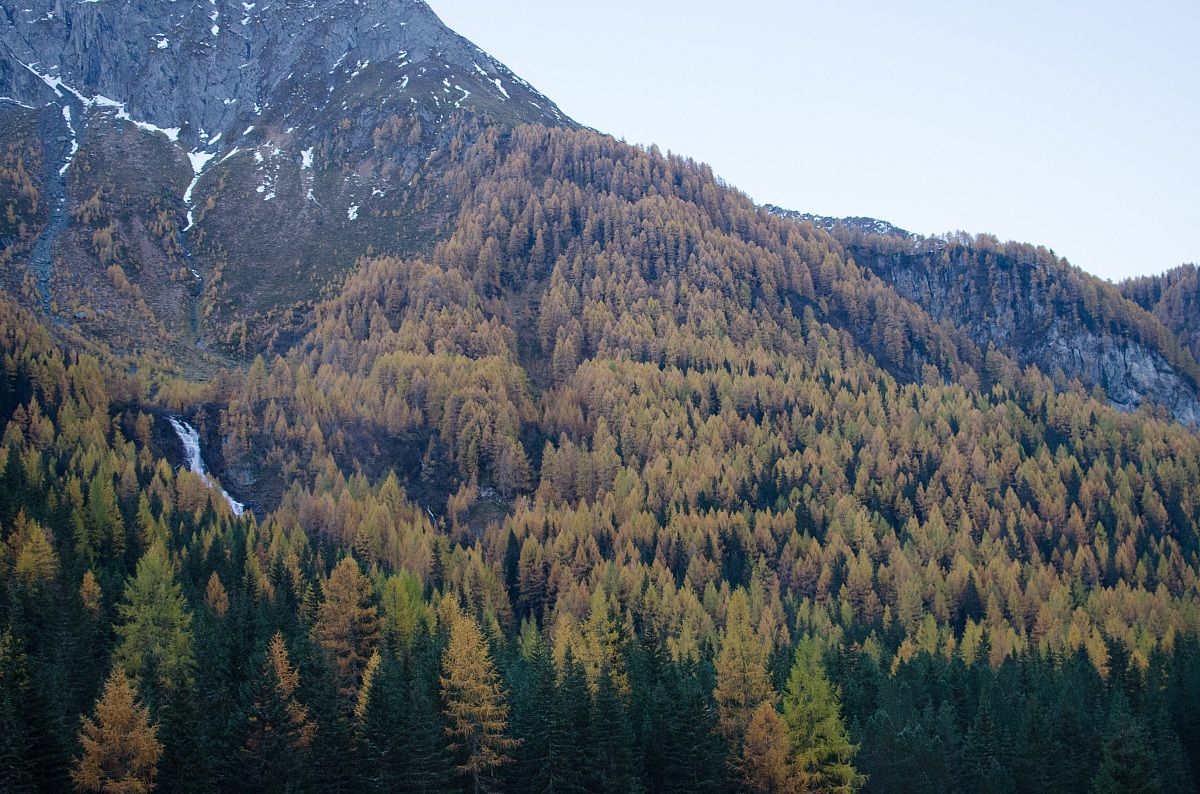 Waterfall in Kasern with autumn larches