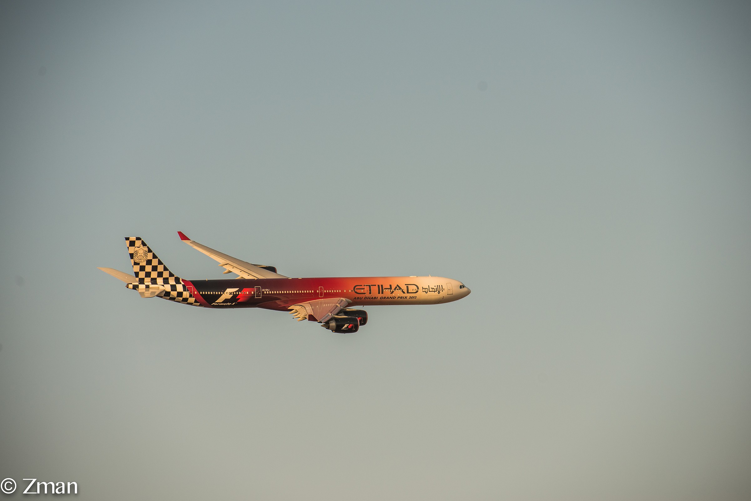 Etihad Airbus 340 flying over  Yas Formula 1 Circuit