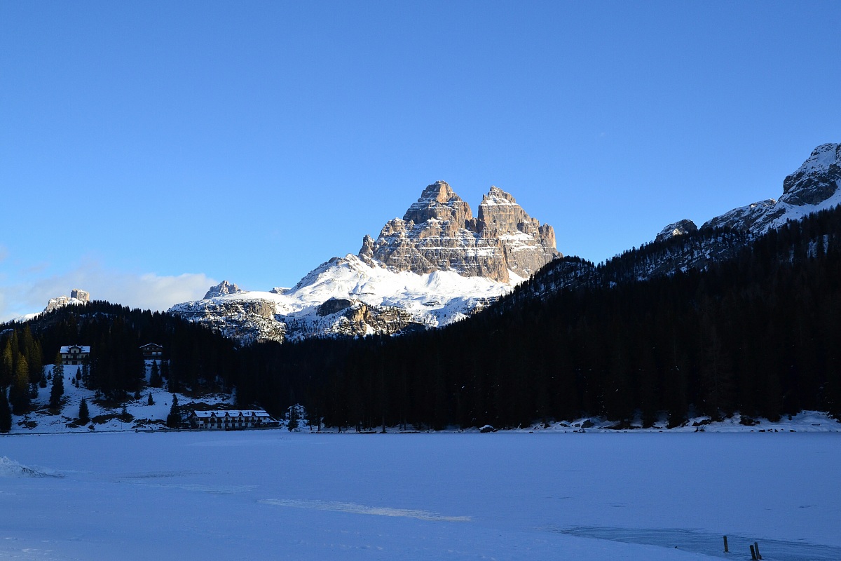 Lake misurina and three peaks of whitewashed lavaredo