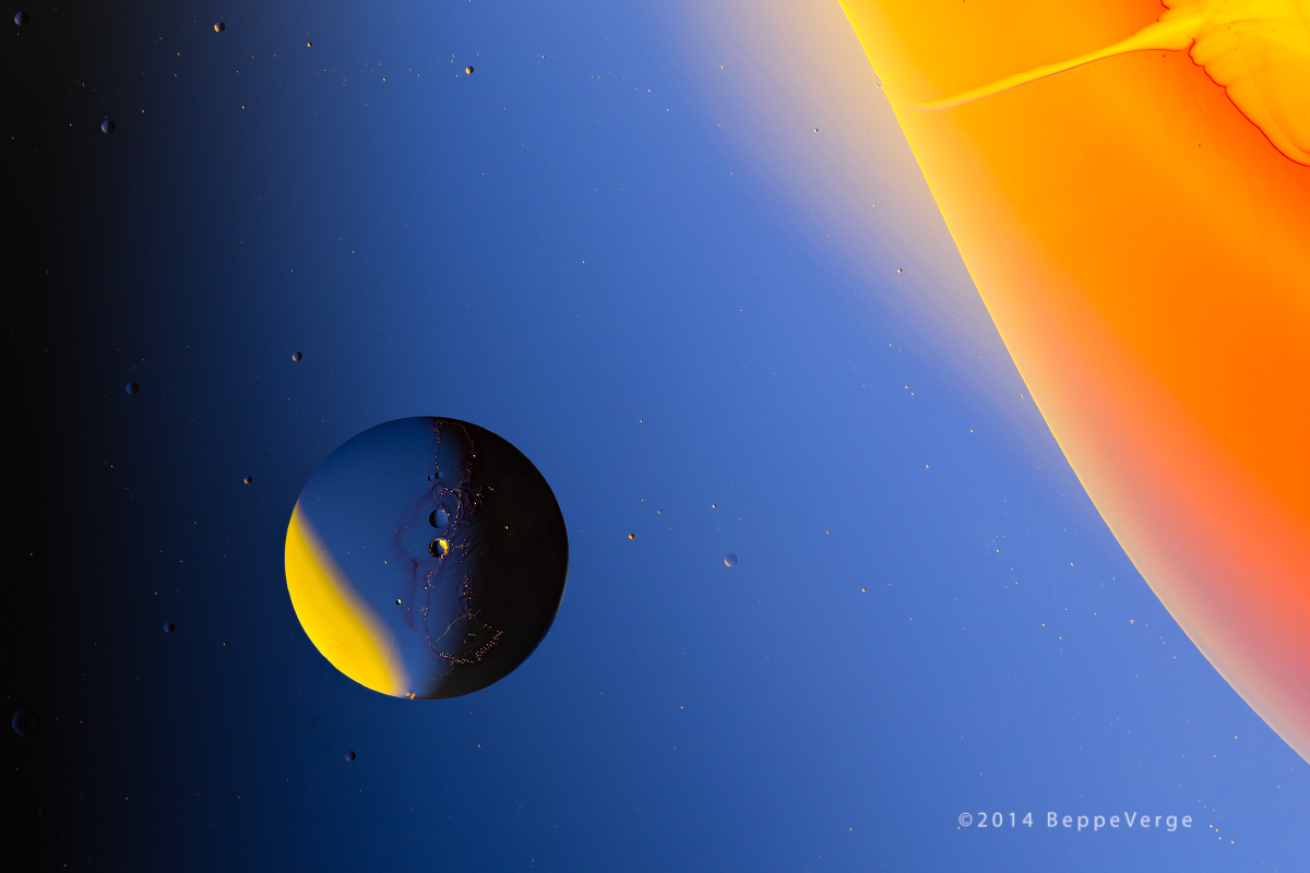 Experiments with drops of oil on water. Macro about 1: