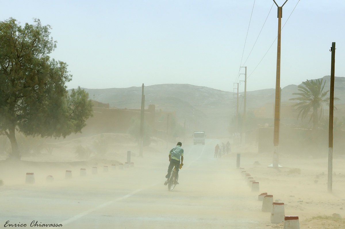Young cyclist into the sandstorm