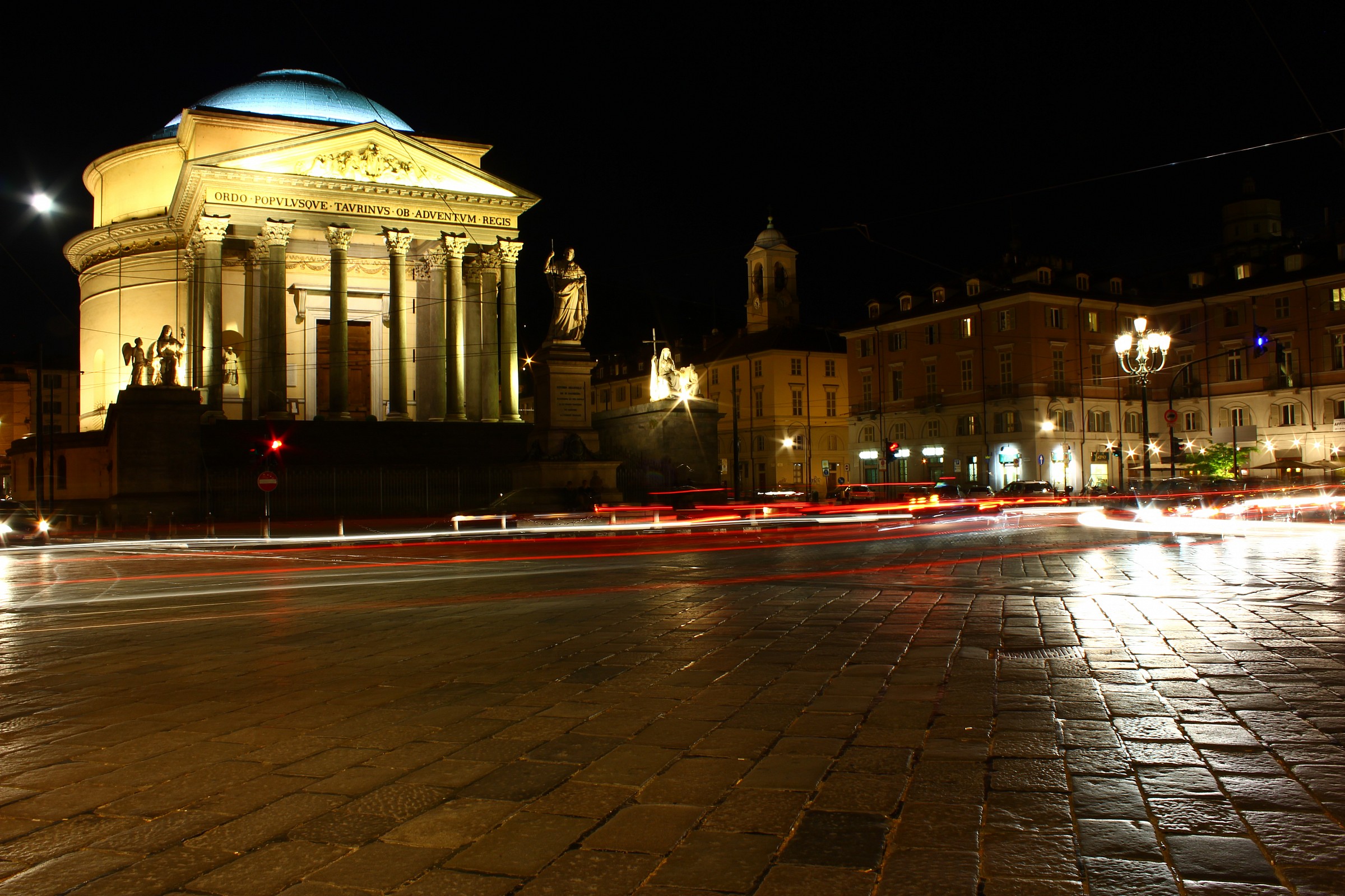 Light trails in front of the Gran Madre in Turin