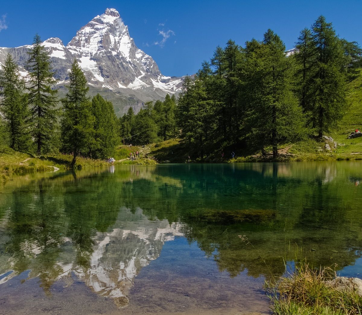 Matterhorn mirrored in the blue lake.