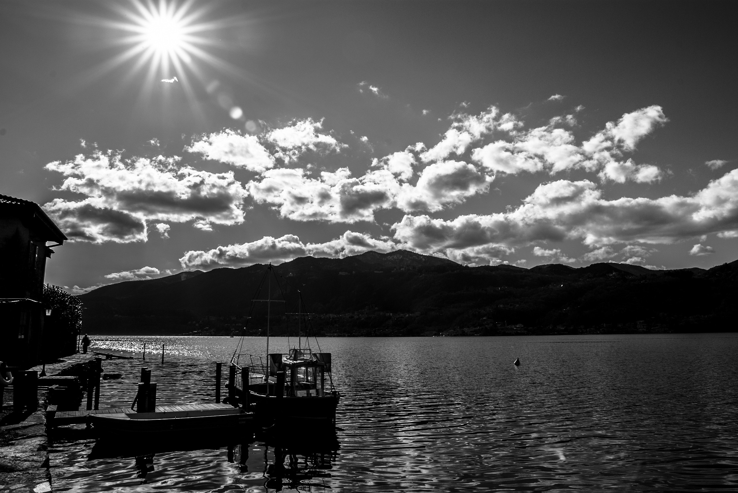 Orta lake in black and white