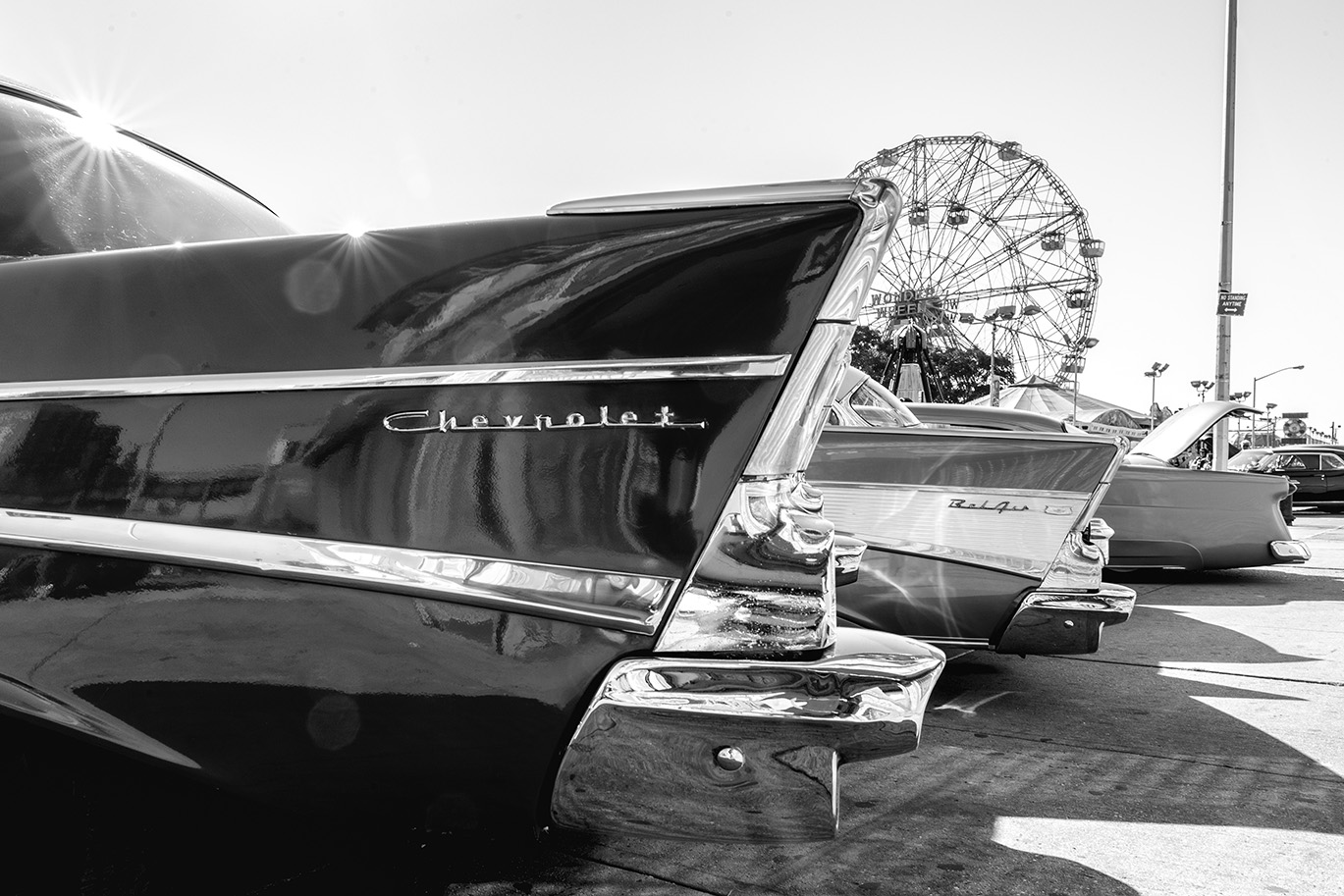 vintage cars at the foot of the wonder wheel