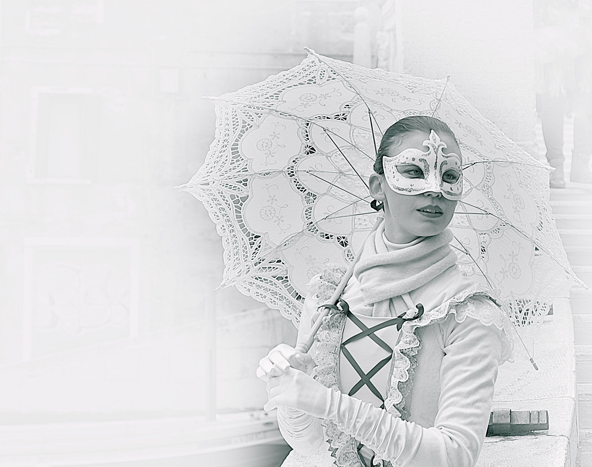 girl in mask with umbrella