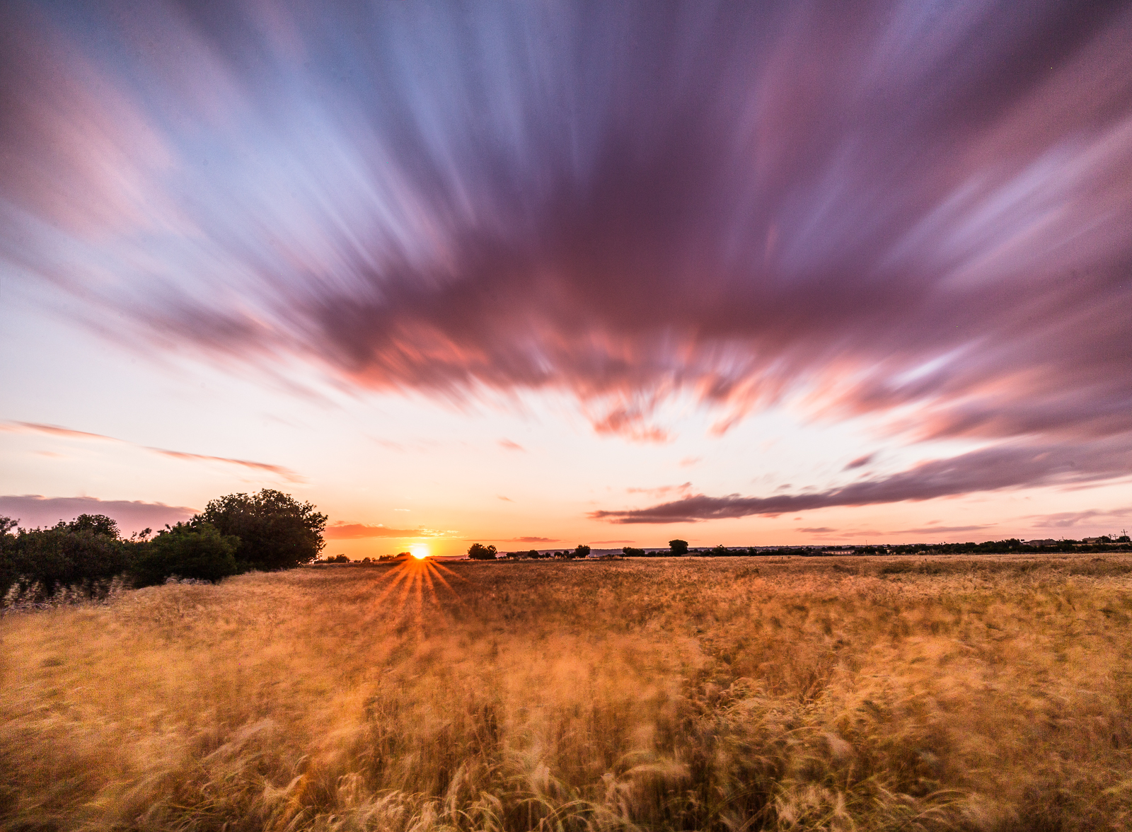The sun sets on wheat fields