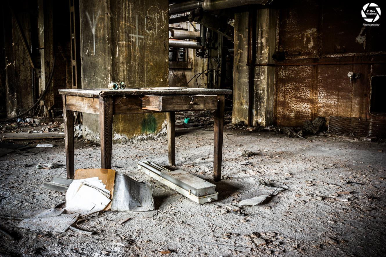 Table in an abandoned distillery
