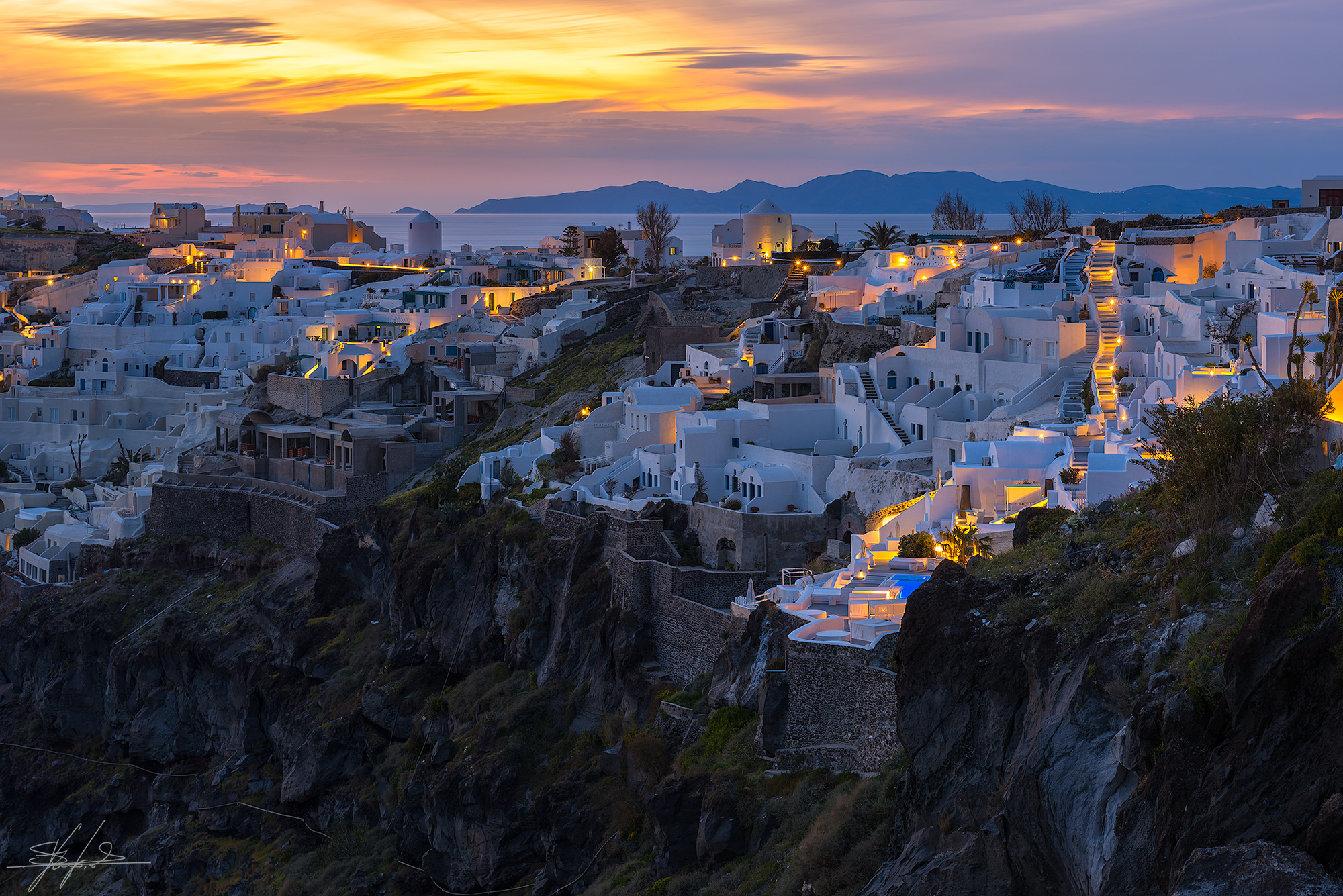 The lights of Oia at sunset