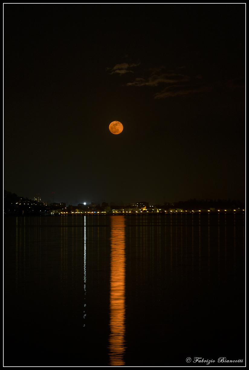 The red moon rises over the lake