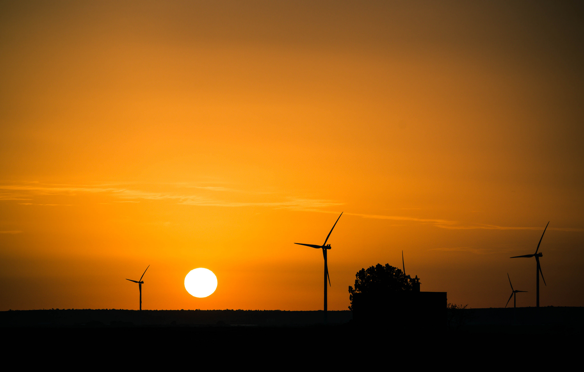 silhouette wind turbines at sunset