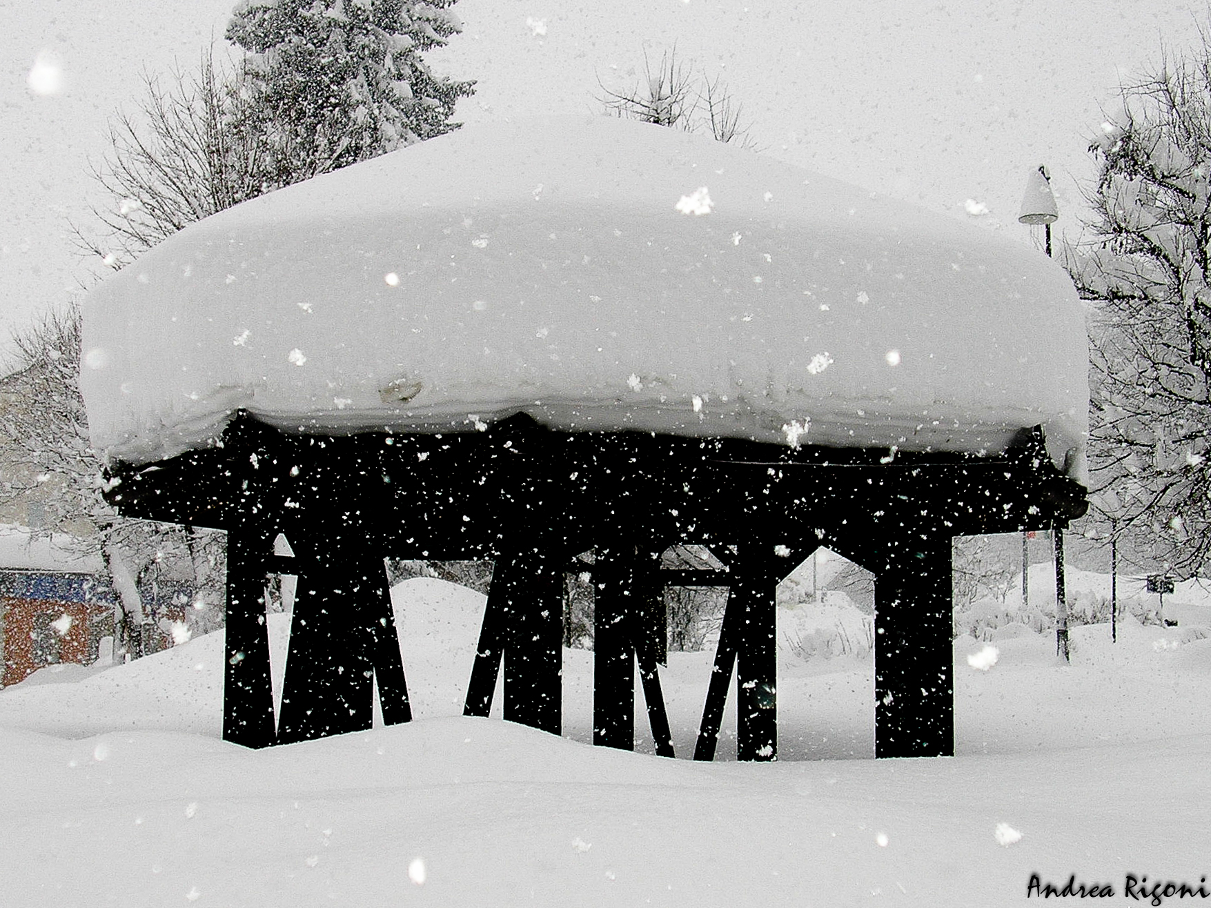 snow-covered gazebo