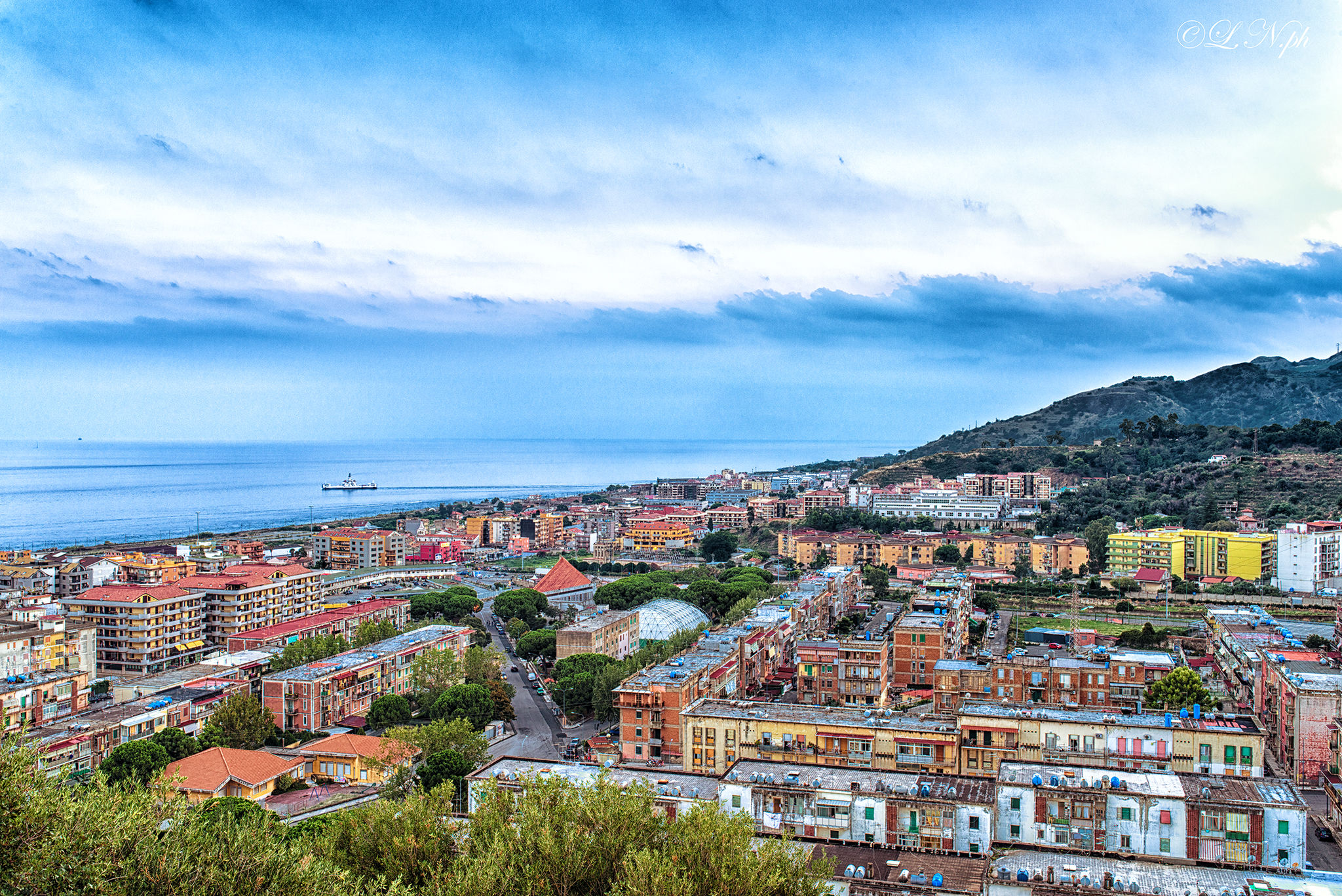 Panorama of the south and the port of Messina tremestieri