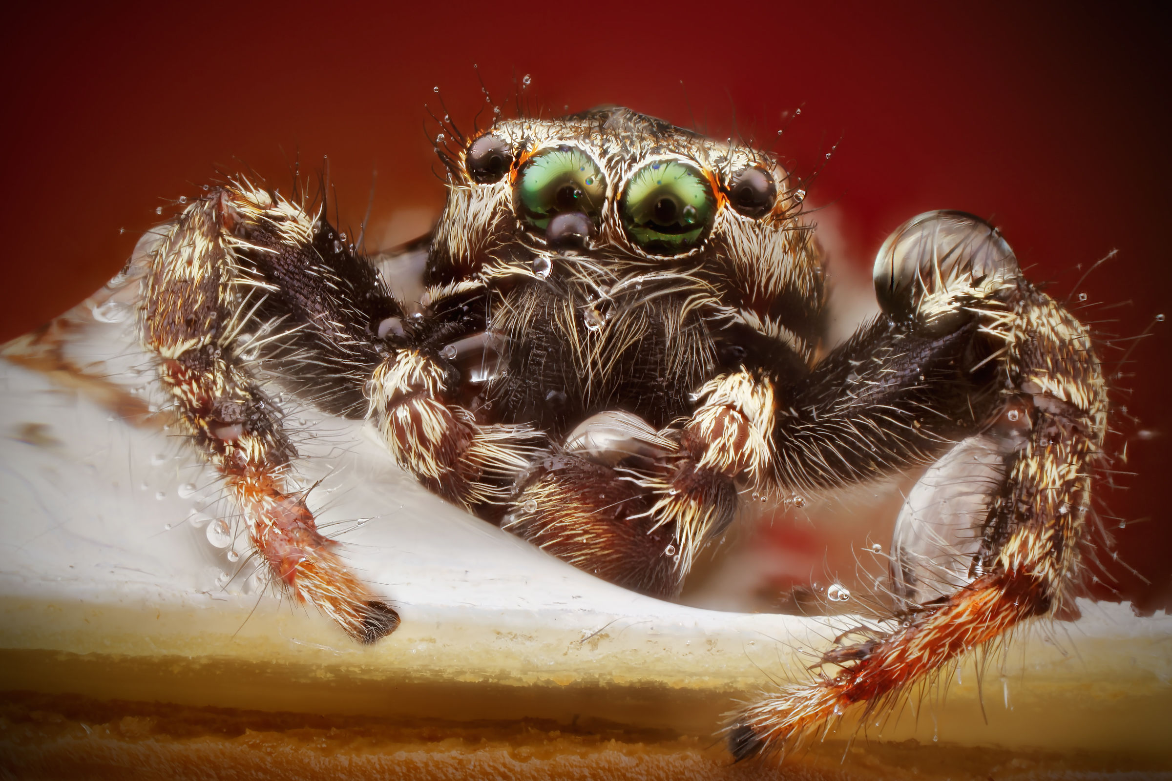 Salticidae immersed in a drop of rain