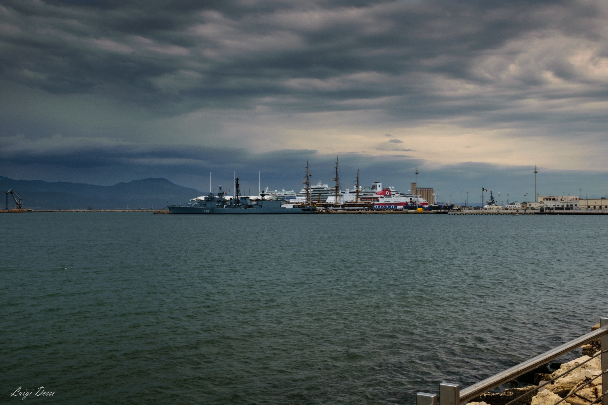 Pier Jchnusa Cagliari and ship Amerigo Vespucci