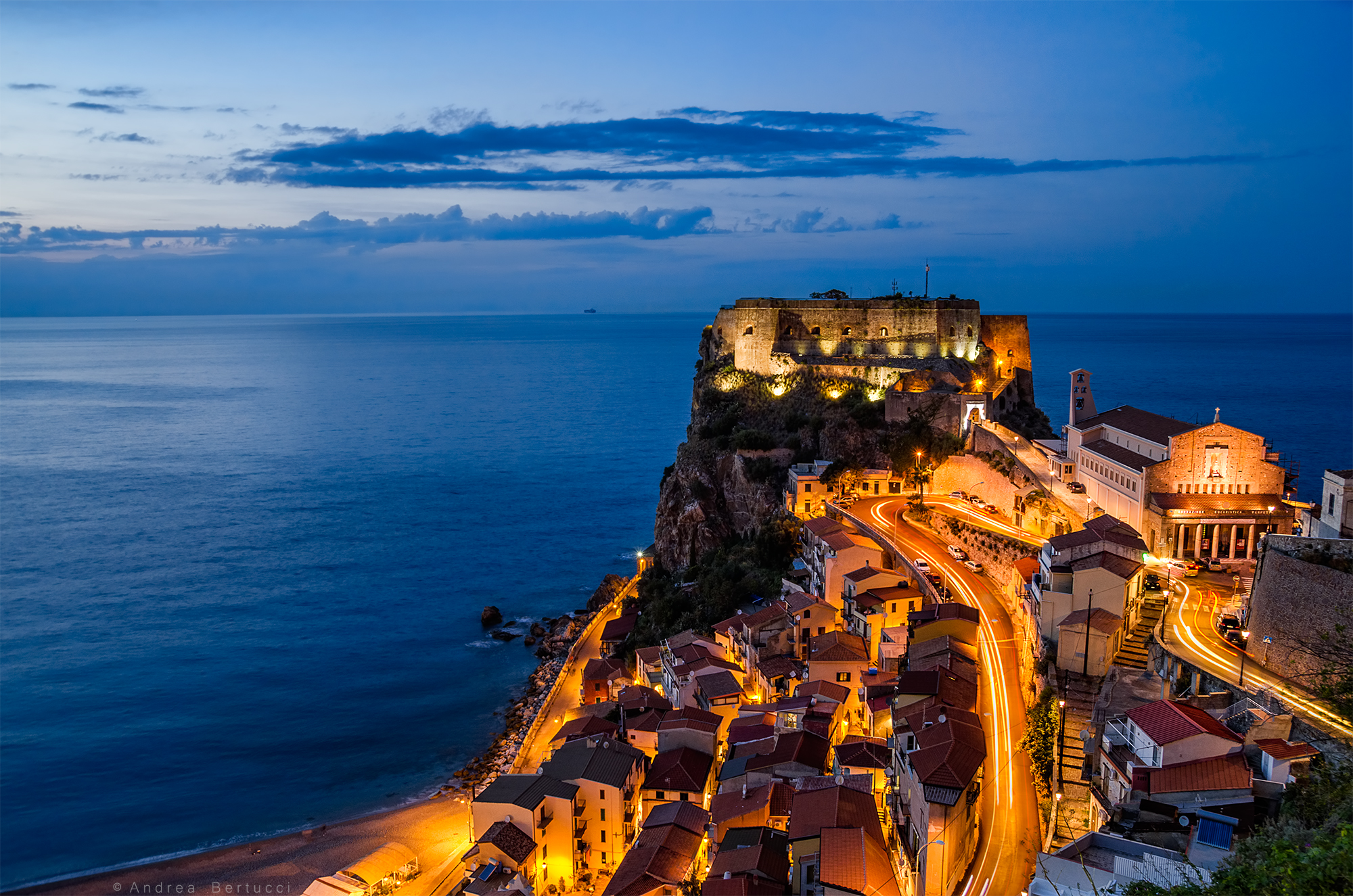 Scilla and the Ruffo Castle after the sunset