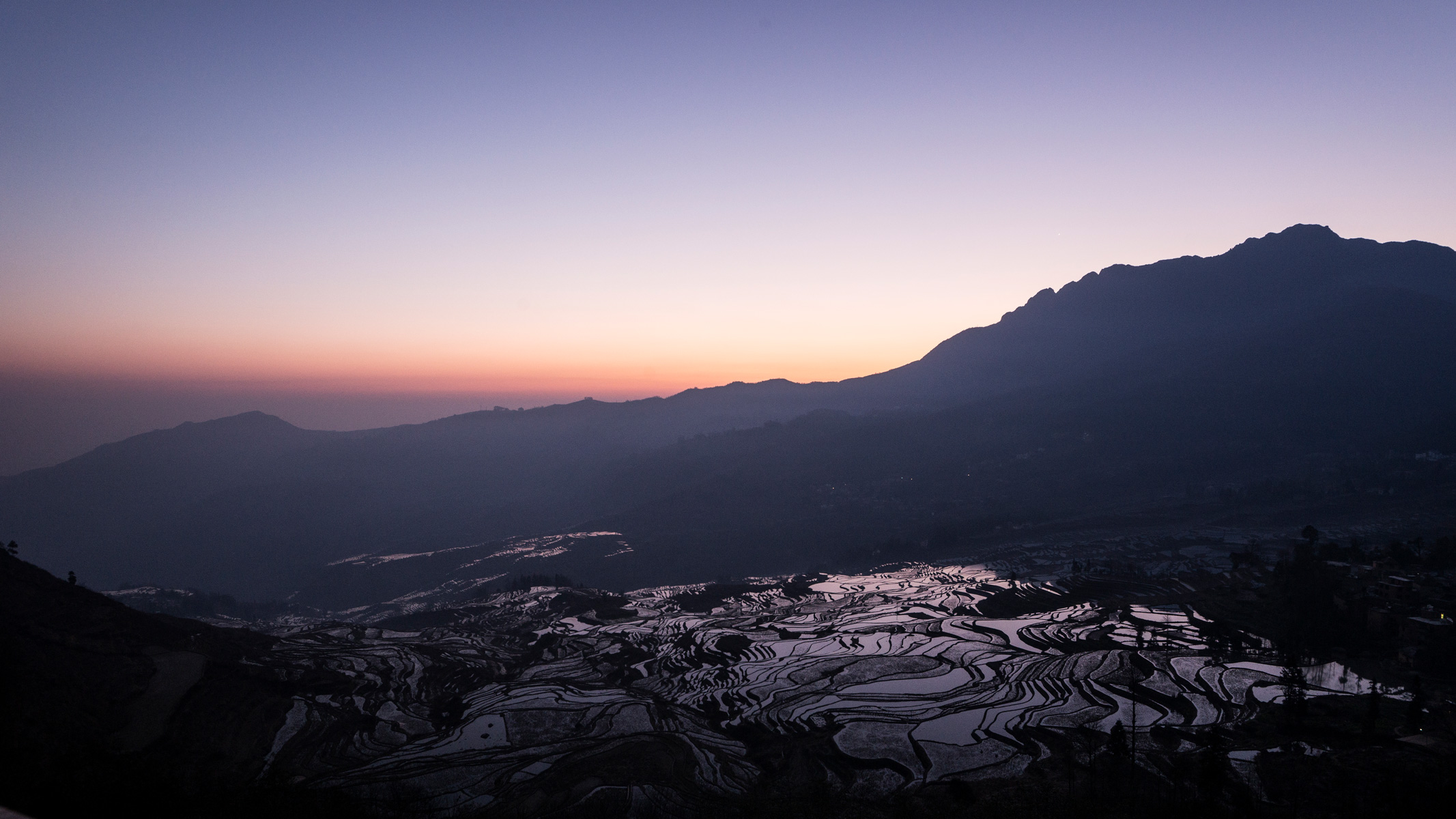 The first rays of sun on China rice terraces