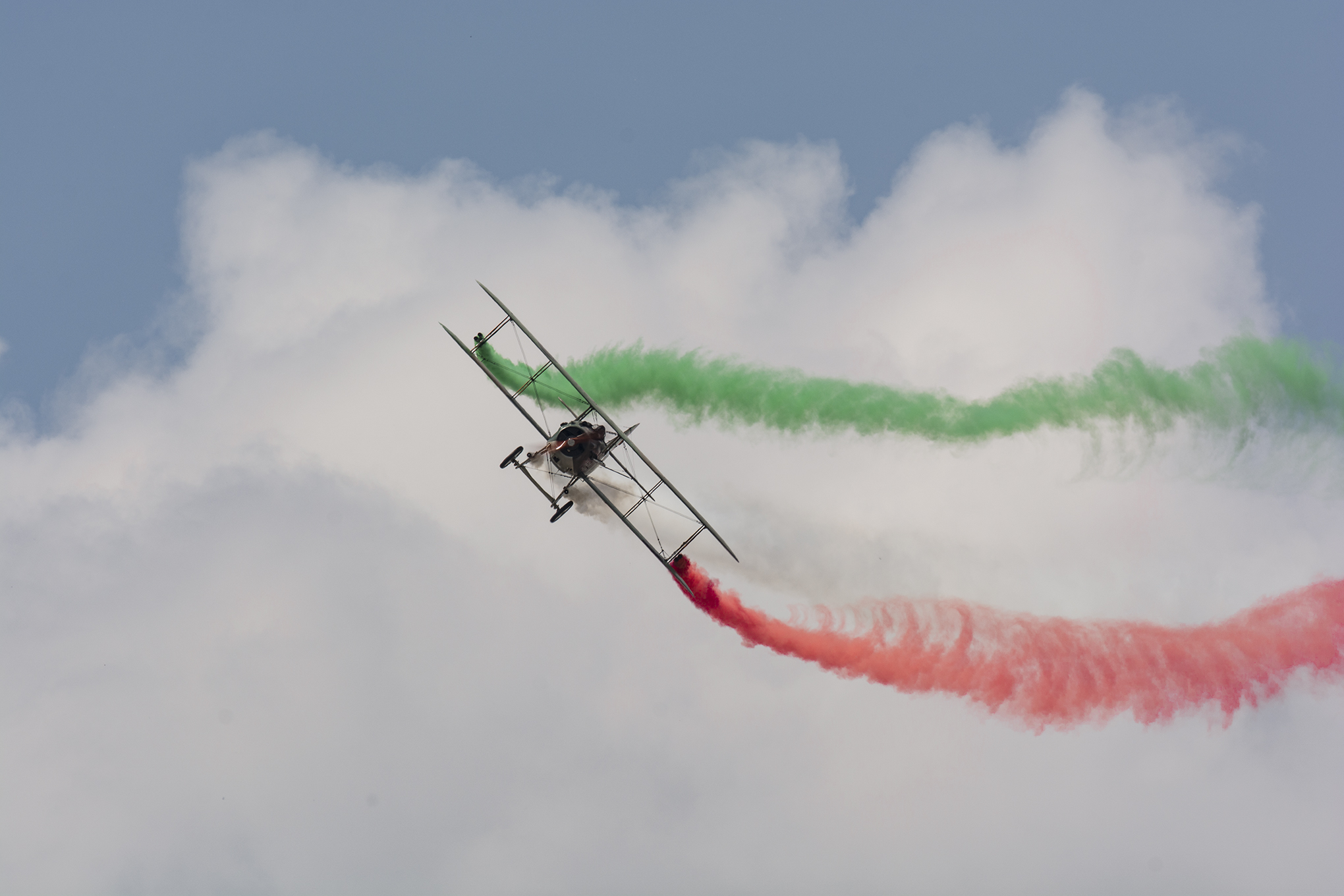 Ablaze of a tricolor biplane