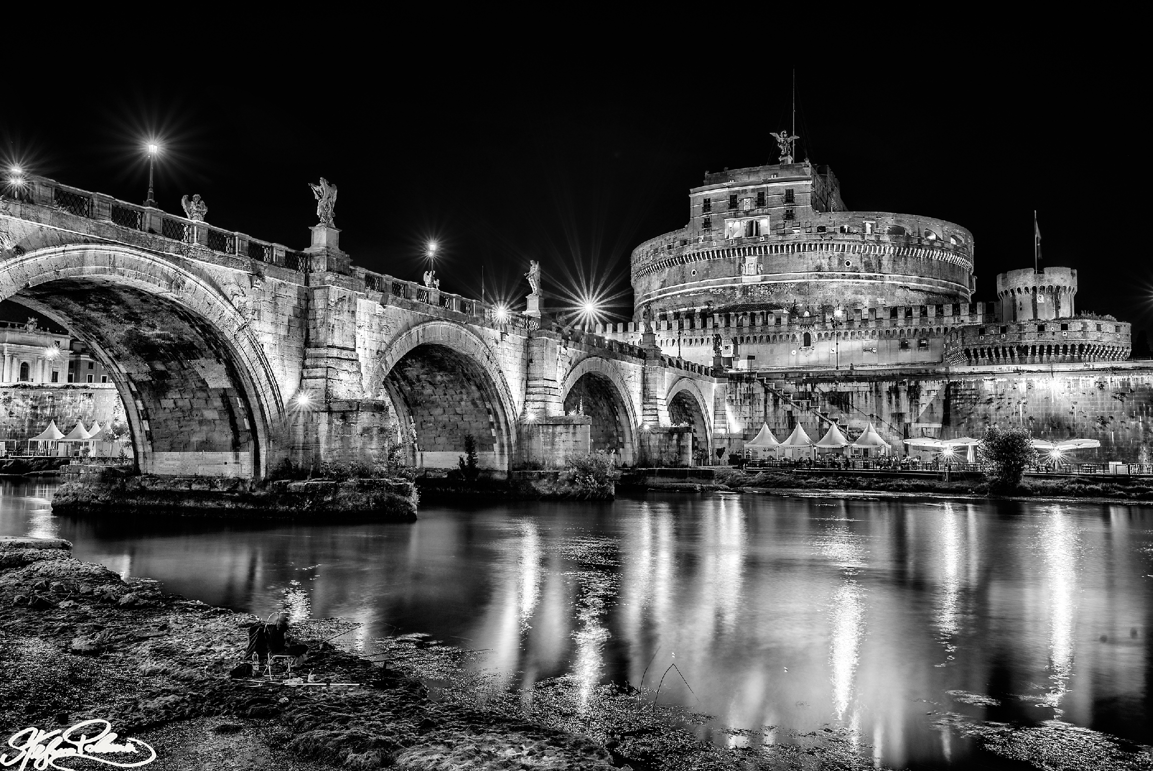 Bridge and Castel Sant'Angelo Night Hdr in Bw
