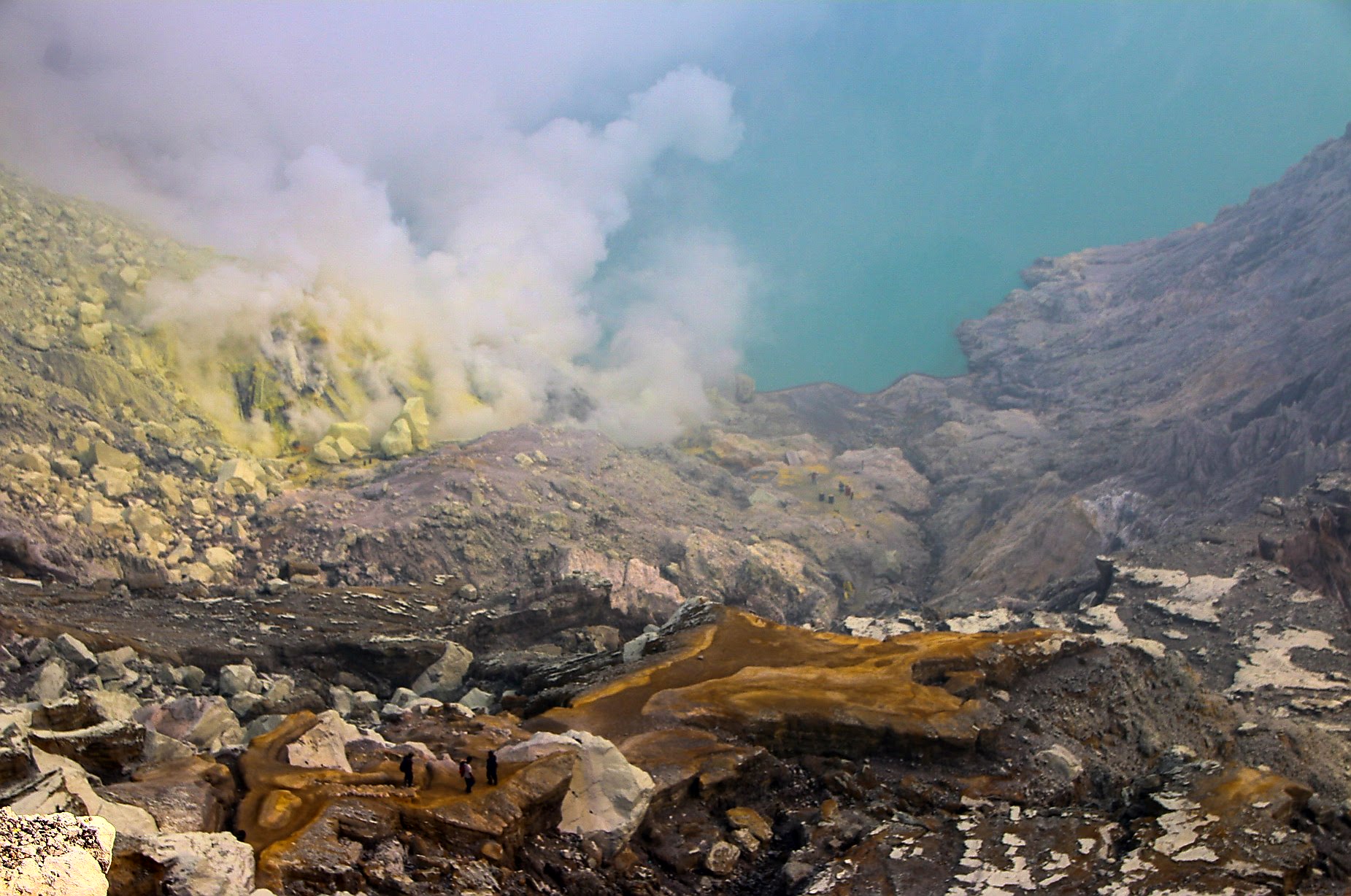 Ijen crater with sulfur quarry. Java