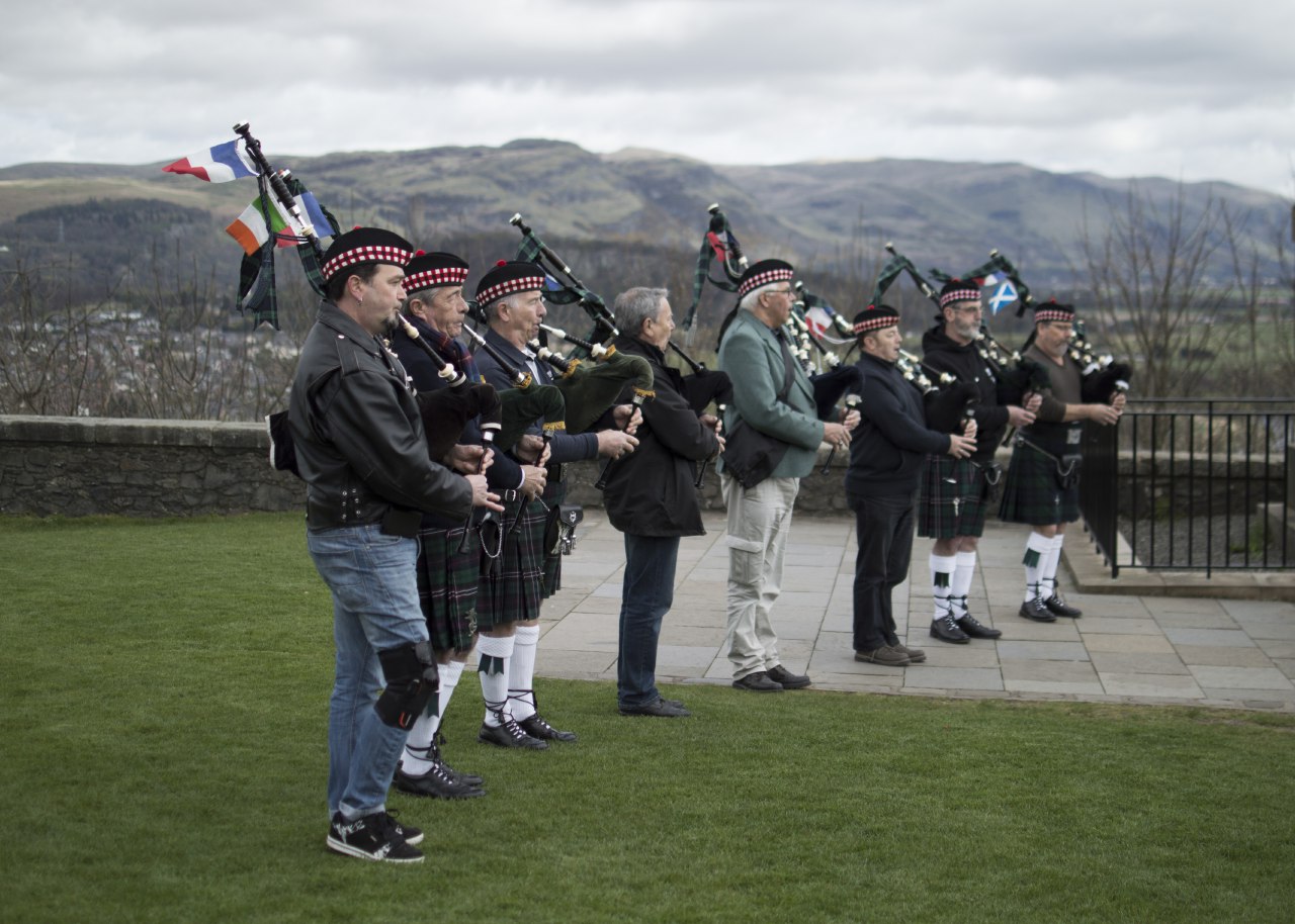 French bagpipers at a Scottish castle