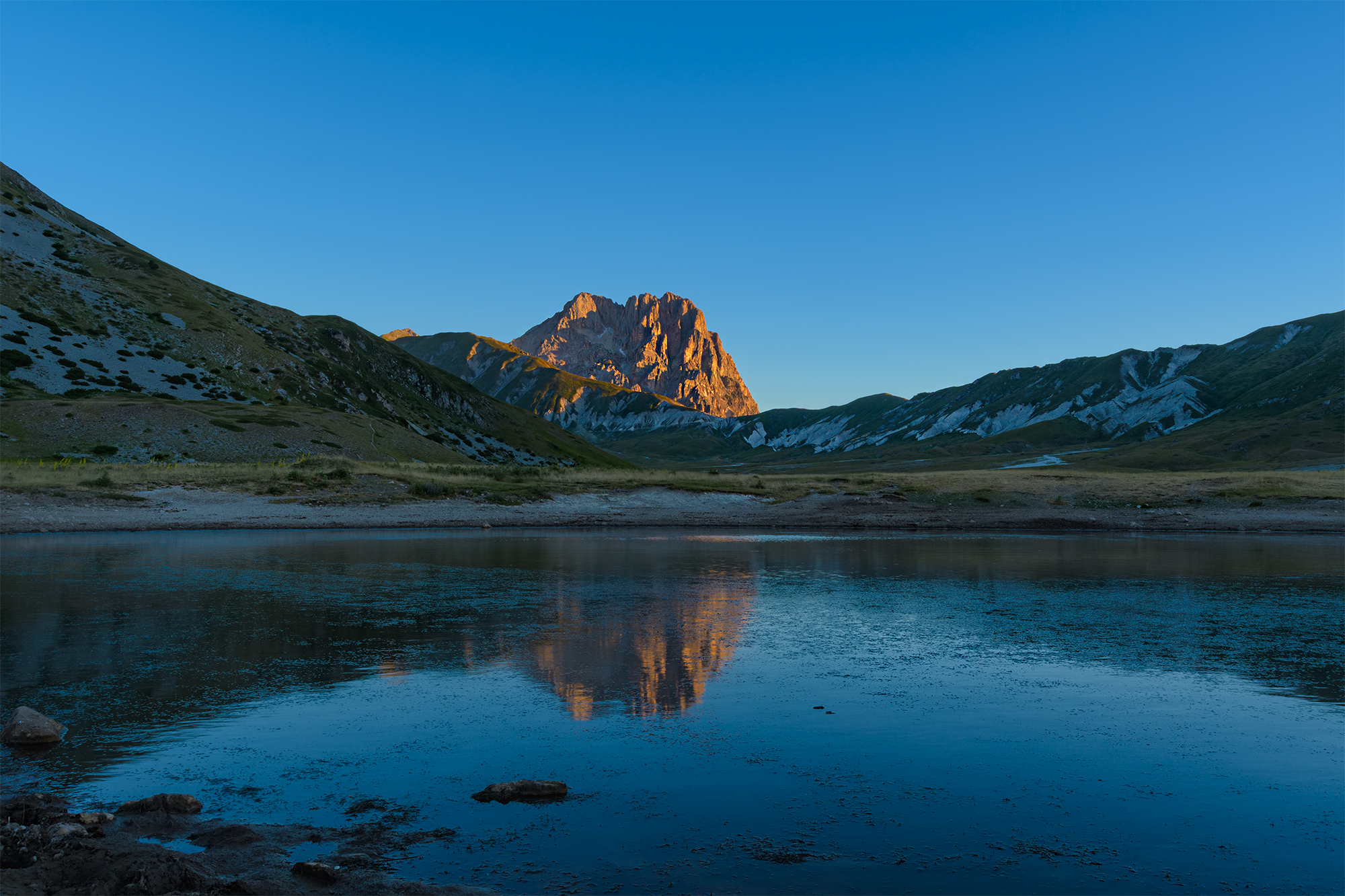 Gran Sasso, sunrise from Lake Pietranzoni Campo Emperor.