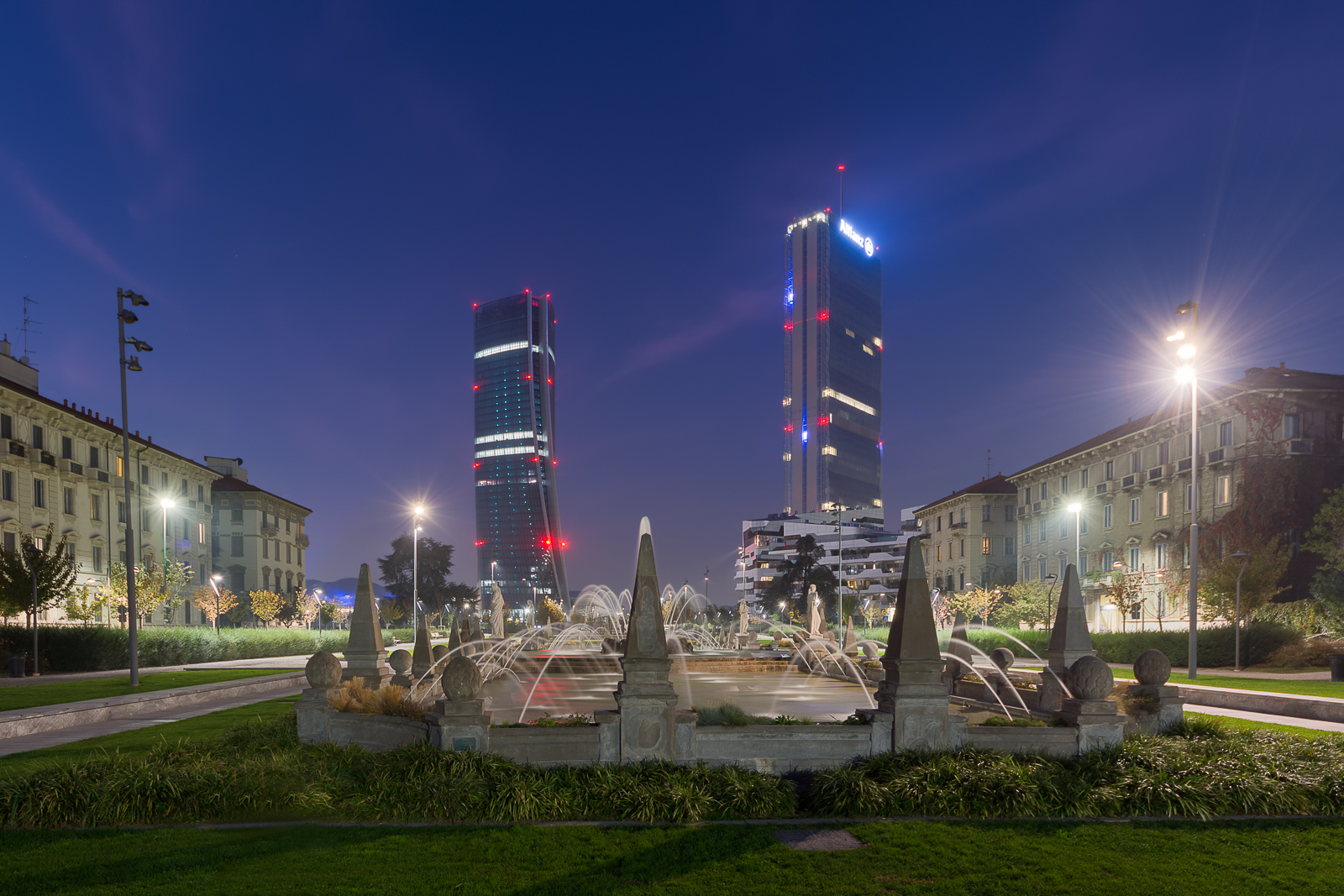 Isozaki and Hadid Towers at the blue hour