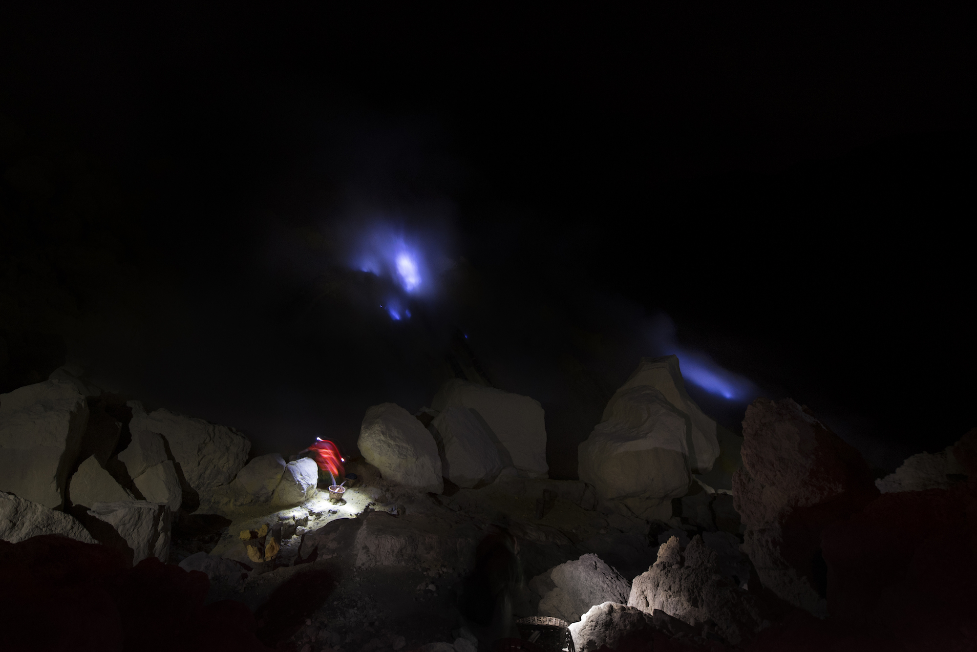 Blue fire in the night in Ijen crater