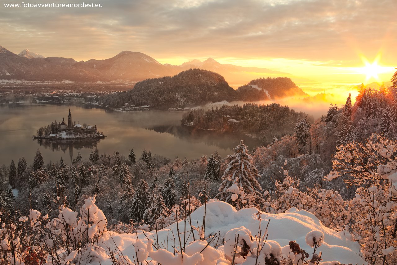 Sunrise on the snow-covered Lake Bled