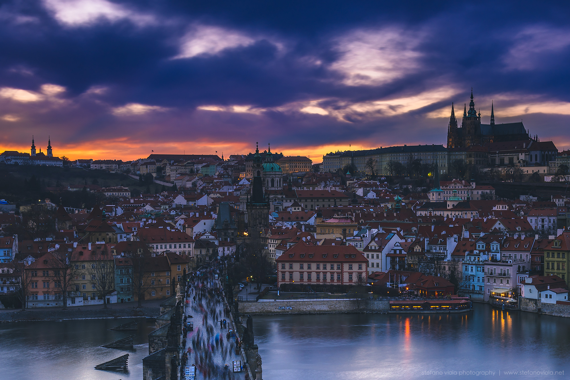 The lights of Prague are lit.