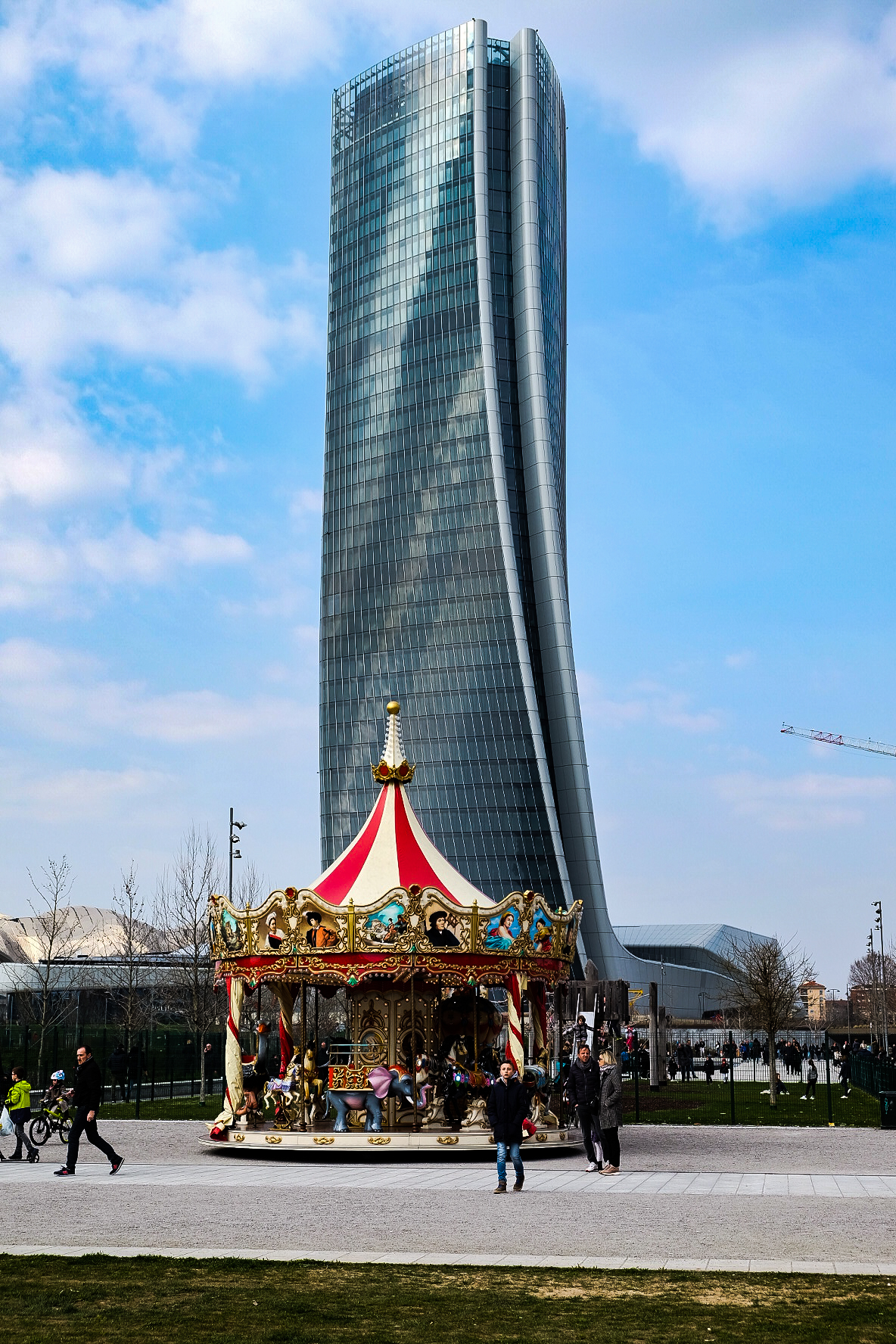 at the foot of the skyscraper ....