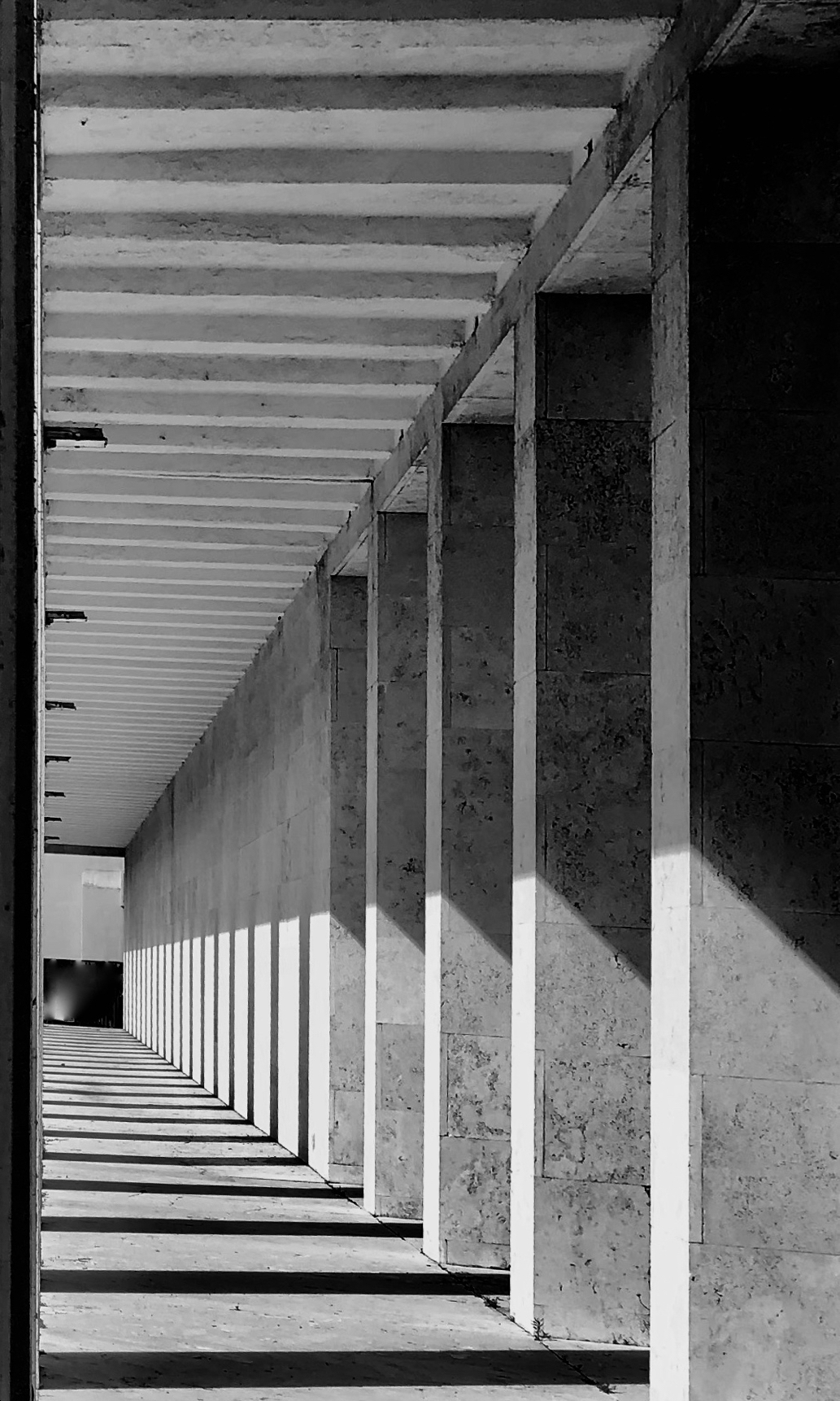 Shadows projected from the columns of a porch